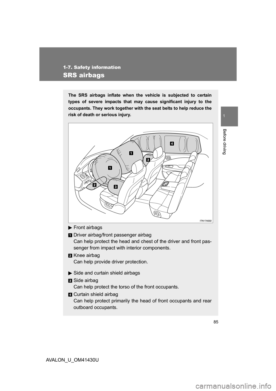 TOYOTA AVALON 2009 XX30 / 3.G Manual Online 85
1
1-7. Safety information
Before driving
AVALON_U_OM41430U
SRS airbags
The SRS airbags inflate when the vehicle is subjected to certain
types of severe impacts that may  cause significant injury to
