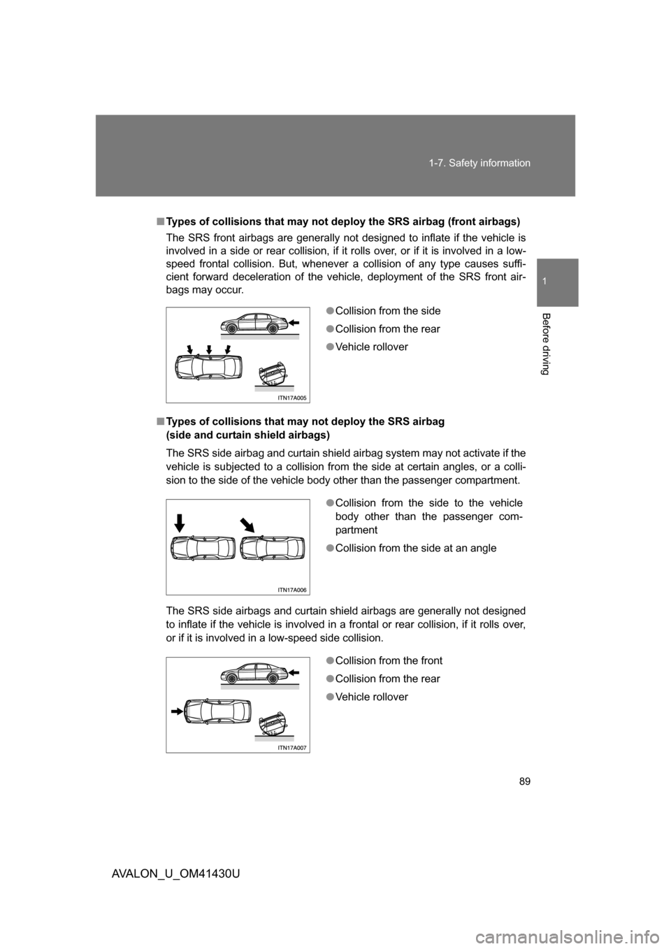 TOYOTA AVALON 2009 XX30 / 3.G Manual Online 89
1-7. Safety information
1
Before driving
AVALON_U_OM41430U
■
Types of collisions that may not de ploy the SRS airbag (front airbags)
The SRS front airbags are generally not  designed to inflate i