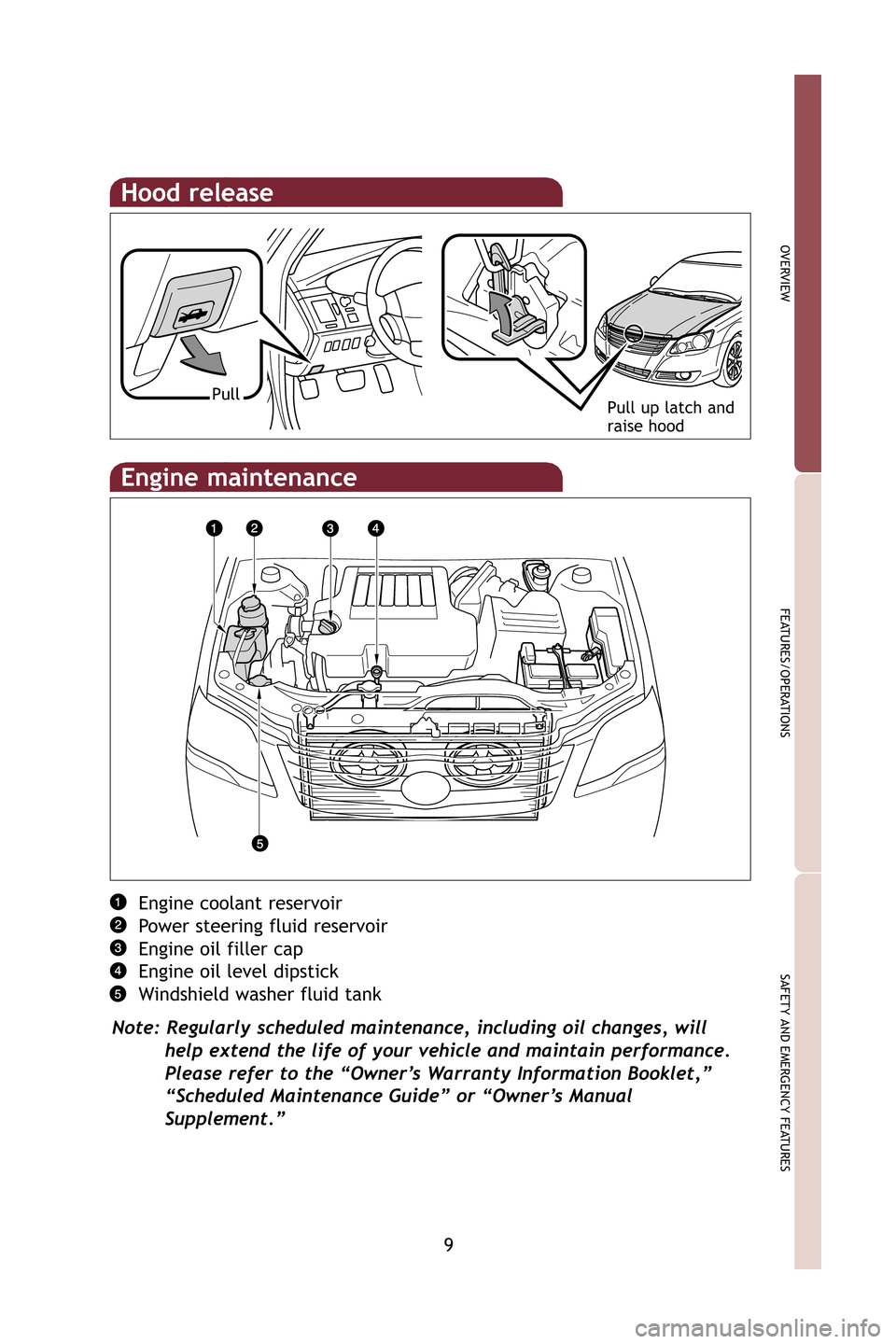 TOYOTA AVALON 2009 XX30 / 3.G Quick Reference Guide 9
OVERVIEW
FEATURES/OPERATIONS
SAFETY AND EMERGENCY FEATURES
Hood release
Pull up latch and
raise hoodPull
Engine coolant reservoir
Power steering fluid reservoir
Engine oil filler cap
Engine oil leve TOYOTA AVALON 2009 XX30 / 3.G Quick Reference Guide 9
OVERVIEW
FEATURES/OPERATIONS
SAFETY AND EMERGENCY FEATURES
Hood release
Pull up latch and
raise hoodPull
Engine coolant reservoir
Power steering fluid reservoir
Engine oil filler cap
Engine oil leve