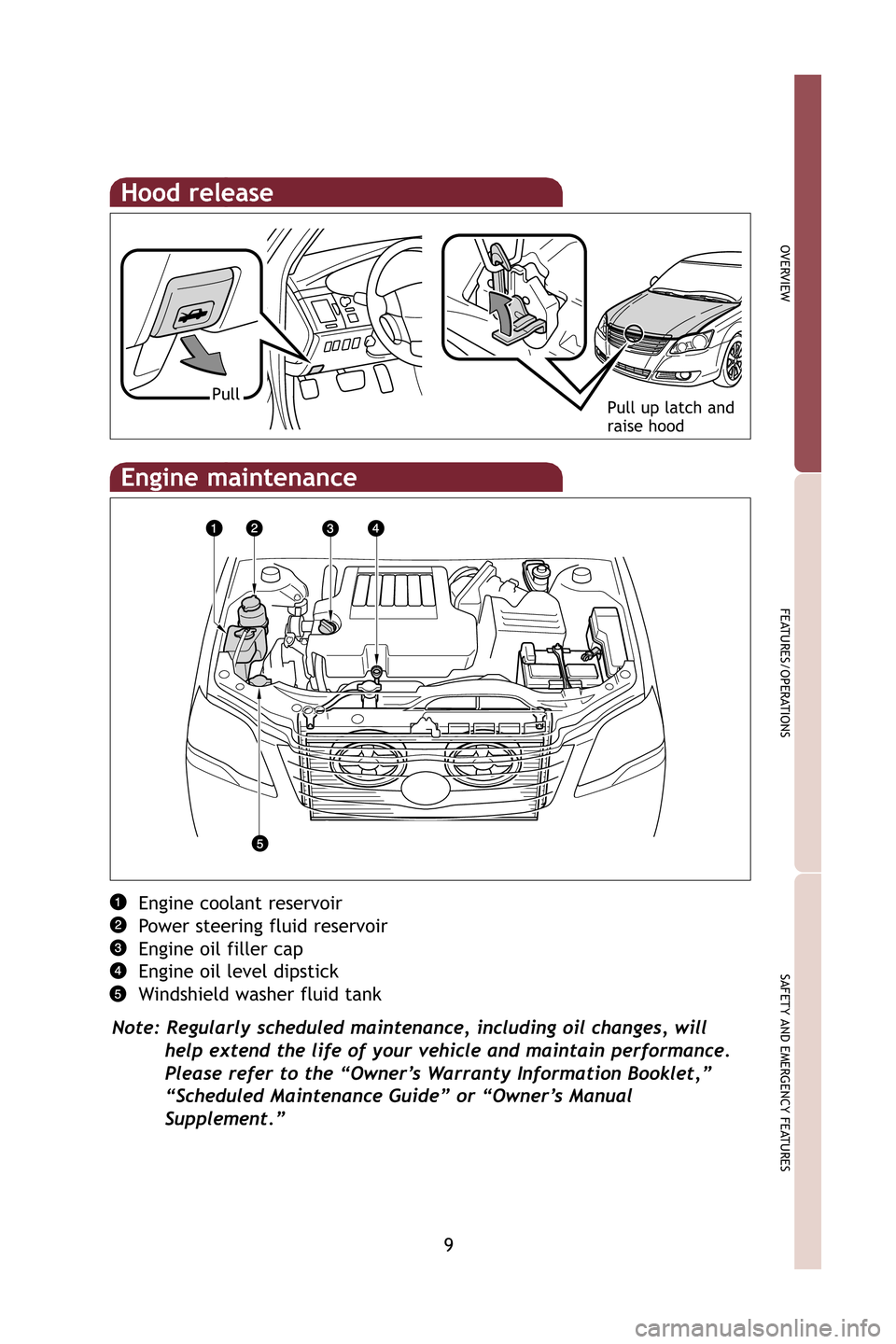 TOYOTA AVALON 2009 XX30 / 3.G Quick Reference Guide 9
OVERVIEW
FEATURES/OPERATIONS
SAFETY AND EMERGENCY FEATURES
Hood release
Pull up latch and
raise hoodPull
Engine coolant reservoir
Power steering fluid reservoir
Engine oil filler cap
Engine oil leve