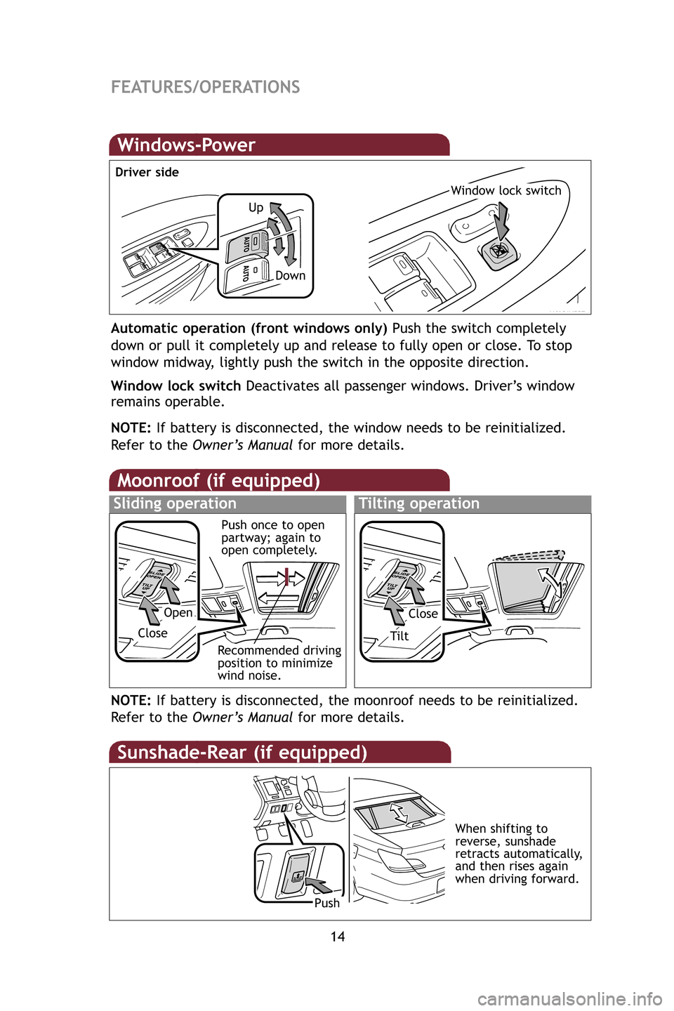 TOYOTA AVALON 2009 XX30 / 3.G Quick Reference Guide 14
FEATURES/OPERATIONS
Windows-Power
Window lock switch
Automatic operation (front windows only) Push the switch completely
down or pull it completely up and release to fully open or close. To stop
wi