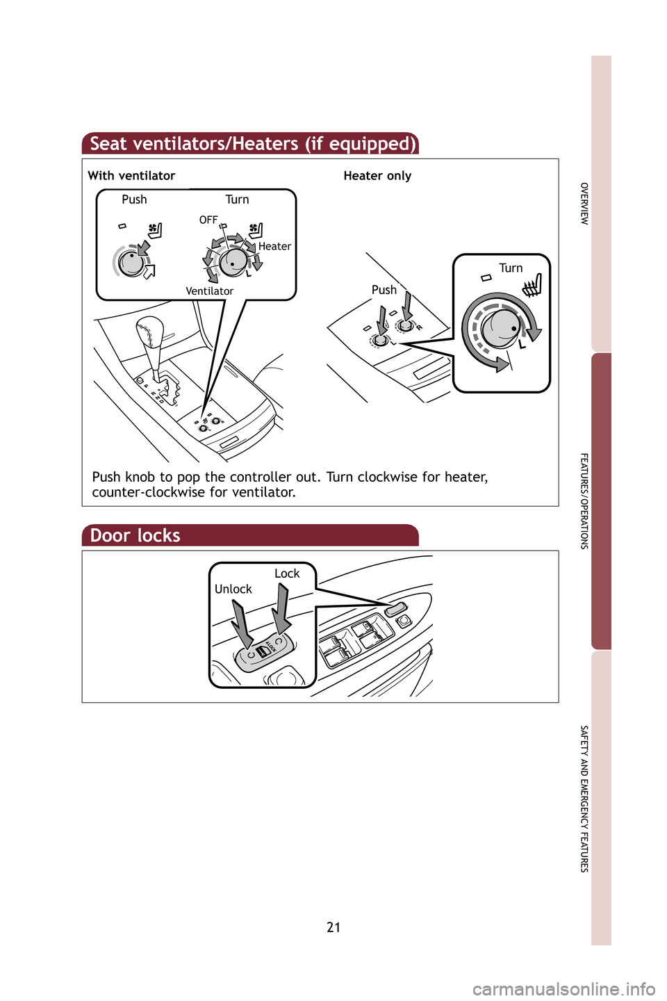 TOYOTA AVALON 2009 XX30 / 3.G Quick Reference Guide 21
OVERVIEW
FEATURES/OPERATIONS
SAFETY AND EMERGENCY FEATURES
Door locks
Lock
Unlock
Seat ventilators/Heaters (if equipped)
Push knob to pop the controller out. Turn clockwise for heater,
counter-clo TOYOTA AVALON 2009 XX30 / 3.G Quick Reference Guide 21
OVERVIEW
FEATURES/OPERATIONS
SAFETY AND EMERGENCY FEATURES
Door locks
Lock
Unlock
Seat ventilators/Heaters (if equipped)
Push knob to pop the controller out. Turn clockwise for heater,
counter-clo