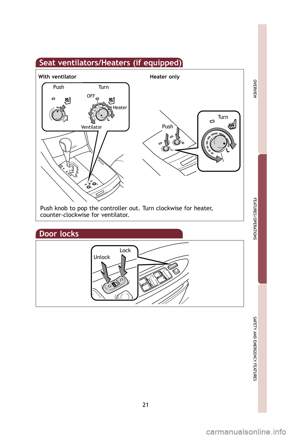 TOYOTA AVALON 2009 XX30 / 3.G Quick Reference Guide 21
OVERVIEW
FEATURES/OPERATIONS
SAFETY AND EMERGENCY FEATURES
Door locks
Lock
Unlock
Seat ventilators/Heaters (if equipped)
Push knob to pop the controller out. Turn clockwise for heater, 
counter-clo