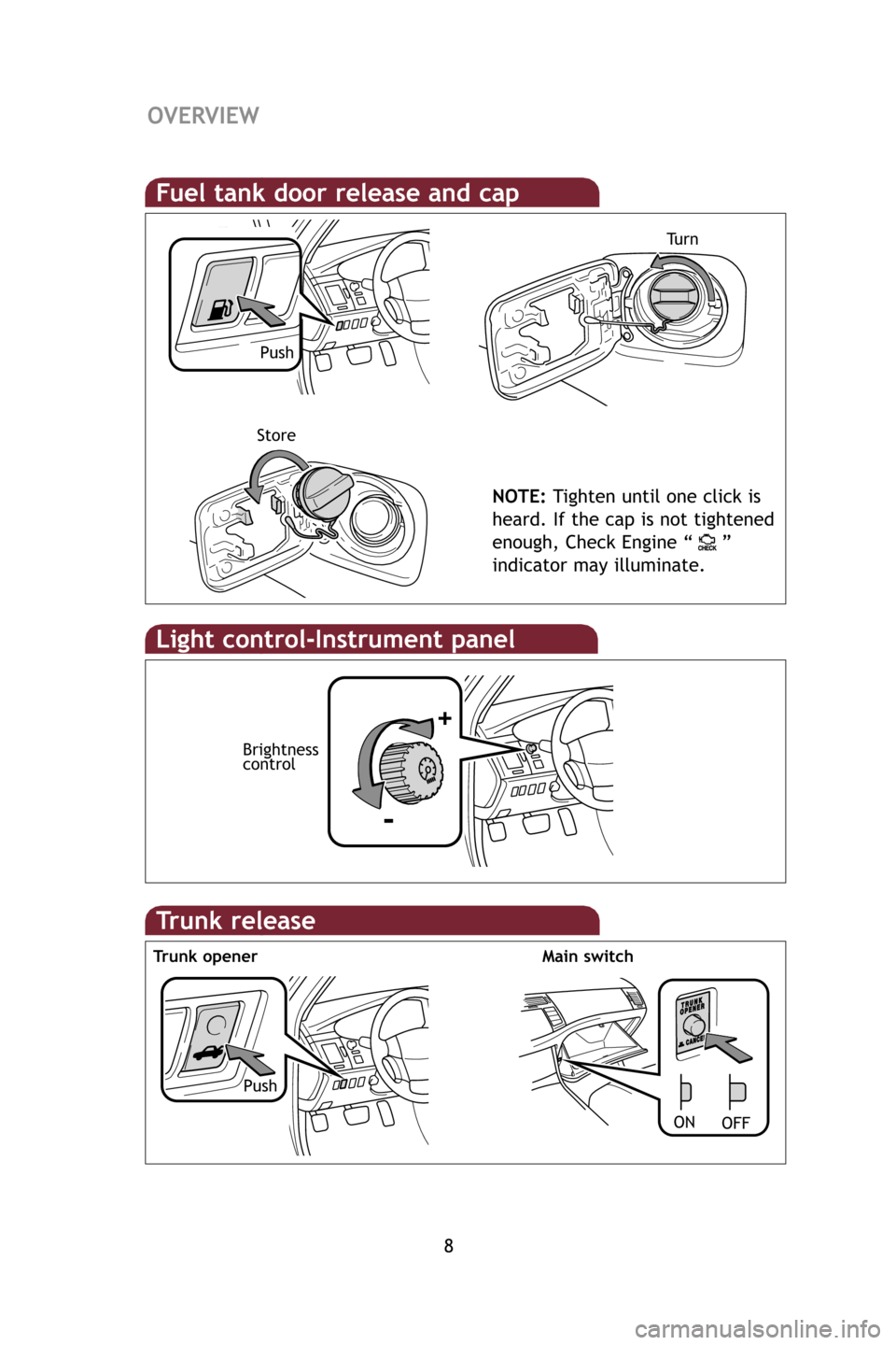 TOYOTA AVALON 2009 XX30 / 3.G Quick Reference Guide 8
Fuel tank door release and cap
NOTE:Tighten until one click is
heard. If the cap is not tightened
enough, Check Engine “ ”
indicator may illuminate.
Push Tu r n
Store
Light control-Instrument pa TOYOTA AVALON 2009 XX30 / 3.G Quick Reference Guide 8
Fuel tank door release and cap
NOTE:Tighten until one click is
heard. If the cap is not tightened
enough, Check Engine “ ”
indicator may illuminate.
Push Tu r n
Store
Light control-Instrument pa