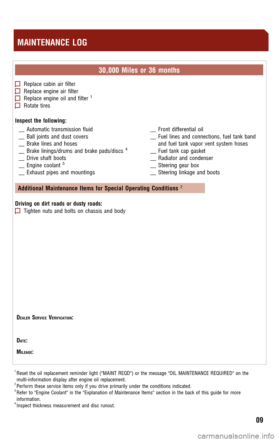 TOYOTA AVALON 2009 XX30 / 3.G Scheduled Maintenance Guide 