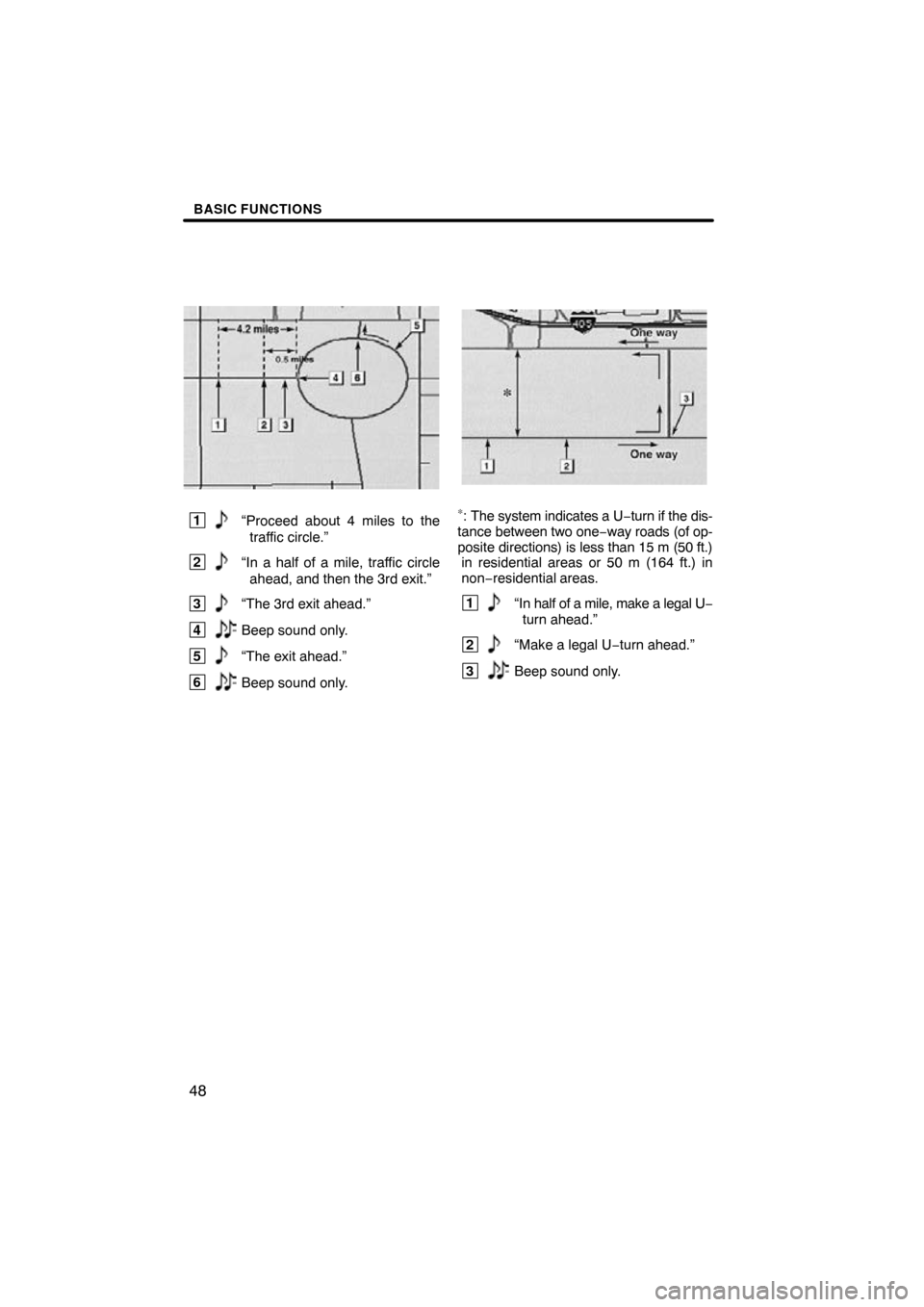 TOYOTA AVALON 2010 XX30 / 3.G Navigation Manual BASIC FUNCTIONS
48
 1“Proceed about 4 miles to thetraffic circle.”
 2“In a half of a mile, traffic circleahead, and then the 3rd exit.”
 3“The 3rd exit ahead.”
 4Beep sound only.
 5“The 