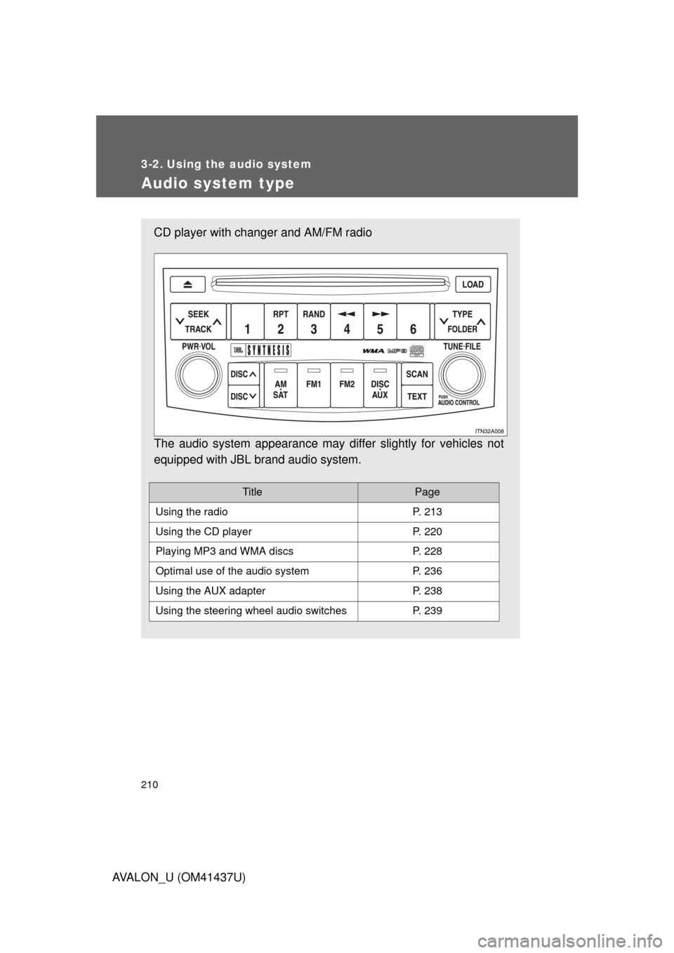 TOYOTA AVALON 2010 XX30 / 3.G Owners Manual 210
AVALON_U (OM41437U)
3-2. Using the audio system
Audio system type
CD player with changer and AM/FM radio
The audio system appearance may differ slightly for vehicles not
equipped with JBL brand au