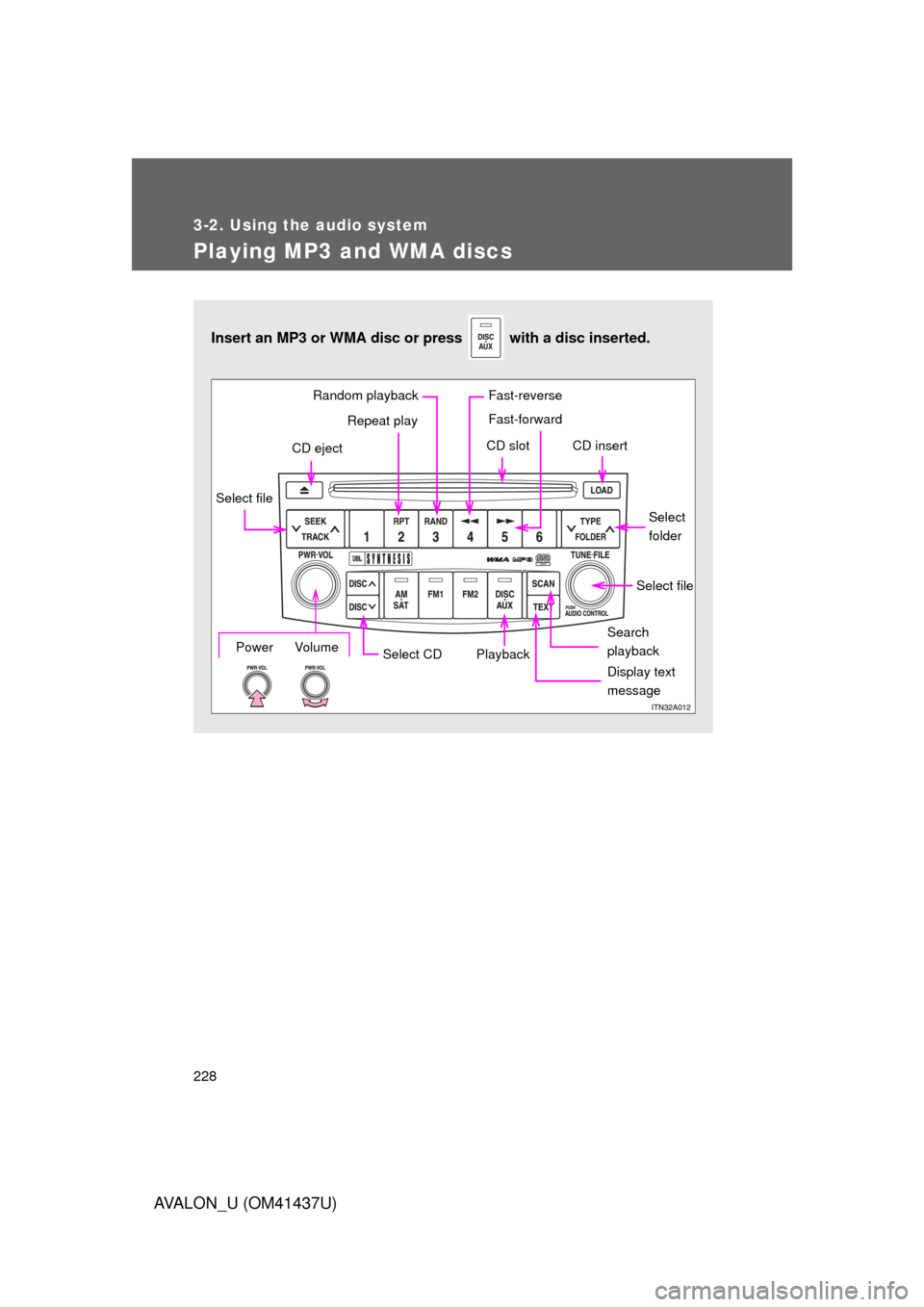 TOYOTA AVALON 2010 XX30 / 3.G Owners Manual 228
3-2. Using the audio system
AVALON_U (OM41437U)
Playing MP3 and WMA discs
Insert an MP3 or WMA disc or press   with a disc inserted. 
Select CDSearch 
playback
Random playback
Repeat play
CD eject
