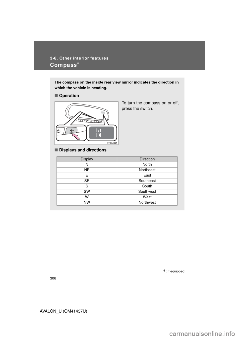 TOYOTA AVALON 2010 XX30 / 3.G Owners Manual 306
3-6. Other interior features
AVALON_U (OM41437U)
Compass
: If equipped
The compass on the inside rear view mirror indicates the direction in
which the vehicle is heading.
■ Operation
To tu TOYOTA AVALON 2010 XX30 / 3.G Owners Manual 306
3-6. Other interior features
AVALON_U (OM41437U)
Compass
: If equipped
The compass on the inside rear view mirror indicates the direction in
which the vehicle is heading.
■ Operation
To tu