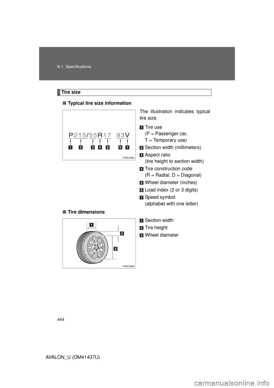 TOYOTA AVALON 2010 XX30 / 3.G Owners Manual 444 6-1. Specifications
AVALON_U (OM41437U)
Tire size■ Typical tire size information
The illustration indicates typical
tire size.
Tire use
(P = Passenger car,
T = Temporary use)
Section width (mil TOYOTA AVALON 2010 XX30 / 3.G Owners Manual 444 6-1. Specifications
AVALON_U (OM41437U)
Tire size■ Typical tire size information
The illustration indicates typical
tire size.
Tire use
(P = Passenger car,
T = Temporary use)
Section width (mil