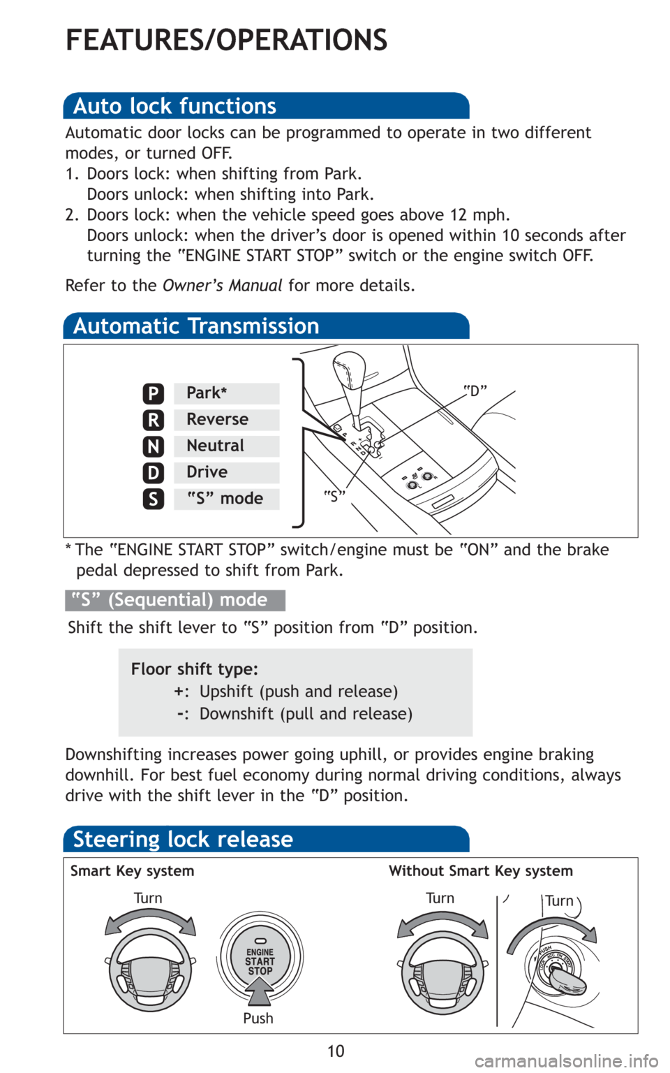 TOYOTA AVALON 2010 XX30 / 3.G Quick Reference Guide 10
FEATURES/OPERATIONS
Automatic Transmission
* The “ENGINE START STOP” switch/engine must be “ON” and the brake
pedal depressed to shift from Park.
Downshifting increases power going uphill, TOYOTA AVALON 2010 XX30 / 3.G Quick Reference Guide 10
FEATURES/OPERATIONS
Automatic Transmission
* The “ENGINE START STOP” switch/engine must be “ON” and the brake
pedal depressed to shift from Park.
Downshifting increases power going uphill,