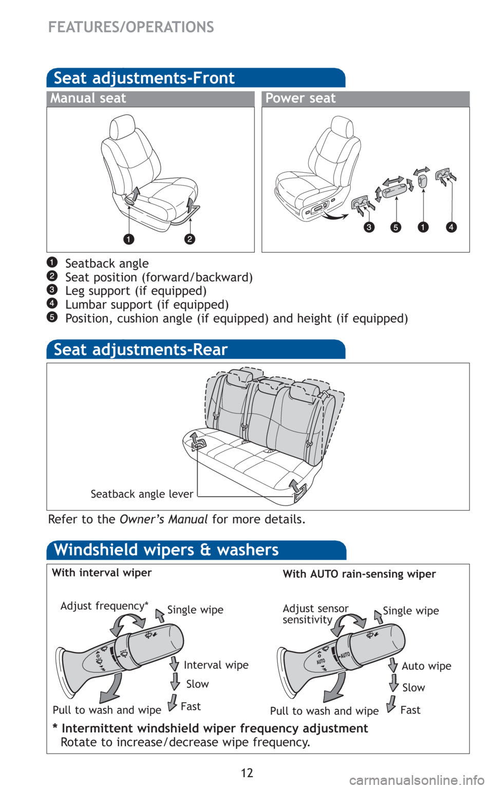 TOYOTA AVALON 2010 XX30 / 3.G Quick Reference Guide 12
FEATURES/OPERATIONS
Seat adjustments-Rear
Refer to theOwner’s Manualfor more details.
Seat adjustments-Front
Seatback angle
Seat position (forward/backward)
Leg support (if equipped)
Lumbar suppo TOYOTA AVALON 2010 XX30 / 3.G Quick Reference Guide 12
FEATURES/OPERATIONS
Seat adjustments-Rear
Refer to theOwner’s Manualfor more details.
Seat adjustments-Front
Seatback angle
Seat position (forward/backward)
Leg support (if equipped)
Lumbar suppo