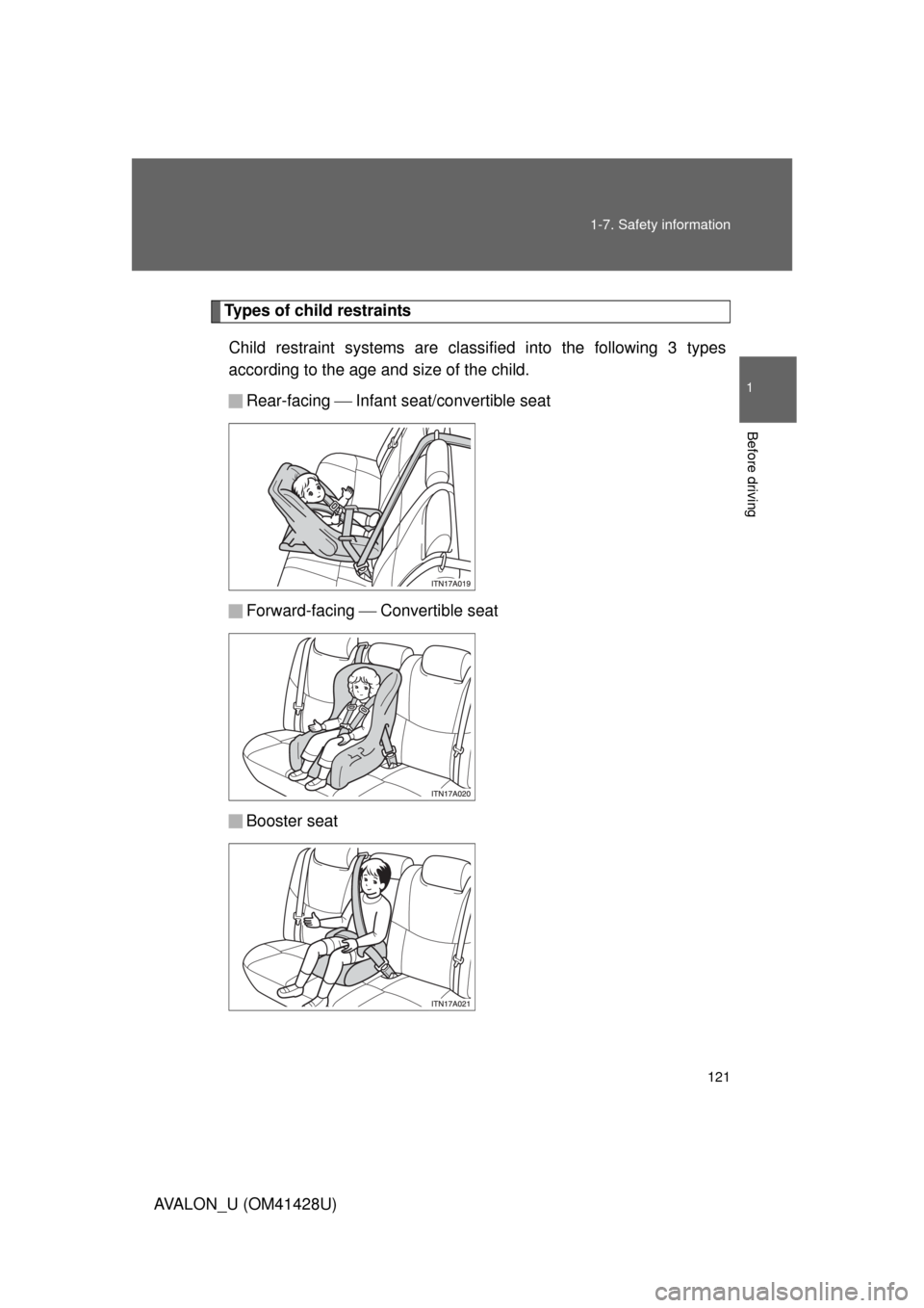 TOYOTA AVALON 2011 XX30 / 3.G Owners Manual 121 1-7. Safety information
1
Before driving
AVALON_U (OM41428U)
Types of child restraints
Child restraint systems are classified into the following 3 types
according to the age and size of the child.
