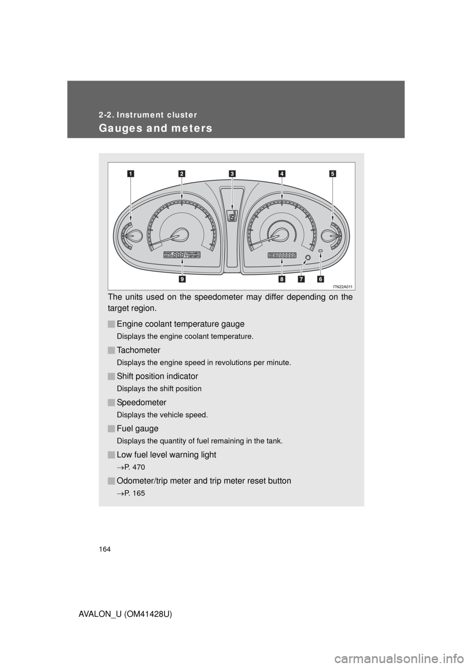 TOYOTA AVALON 2011 XX30 / 3.G Owners Manual 164
AVALON_U (OM41428U)
2-2. Instrument cluster
Gauges and meters
The units used on the speedometer may differ depending on the
target region.
Engine coolant temperature gauge
Displays the engine cool