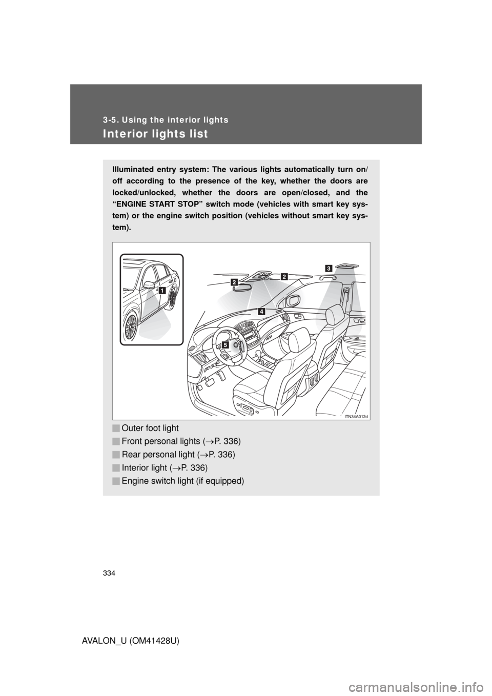 TOYOTA AVALON 2011 XX30 / 3.G Owners Manual 334
AVALON_U (OM41428U)
3-5. Using the interior lights
Interior lights list
Illuminated entry system: The various lights automatically turn on/
off according to the presence of the key, whether the do