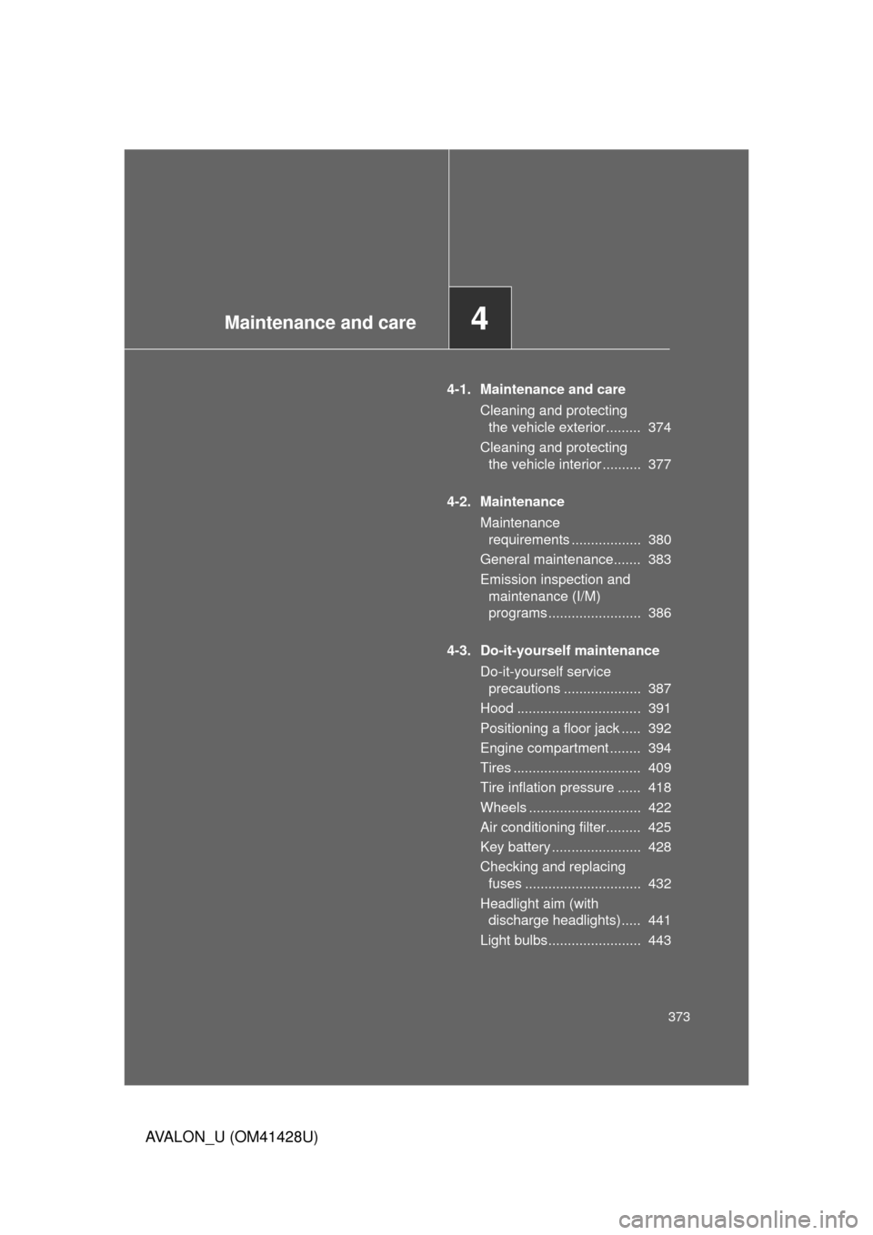 TOYOTA AVALON 2011 XX30 / 3.G Owners Manual Maintenance and care4
373
AVALON_U (OM41428U)
4-1. Maintenance and care
Cleaning and protecting 
the vehicle exterior .........  374
Cleaning and protecting 
the vehicle interior ..........  377
4-2. 