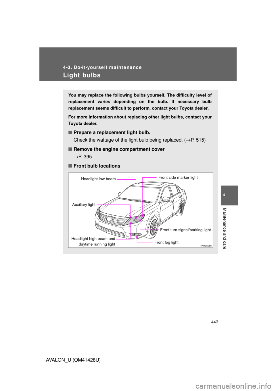 TOYOTA AVALON 2011 XX30 / 3.G Owners Manual 443
4-3. Do-it-yourself maintenance
4
Maintenance and care
AVALON_U (OM41428U)
Light bulbs
You may replace the following bulbs yourself. The difficulty level of
replacement varies depending on the bul TOYOTA AVALON 2011 XX30 / 3.G Owners Manual 443
4-3. Do-it-yourself maintenance
4
Maintenance and care
AVALON_U (OM41428U)
Light bulbs
You may replace the following bulbs yourself. The difficulty level of
replacement varies depending on the bul