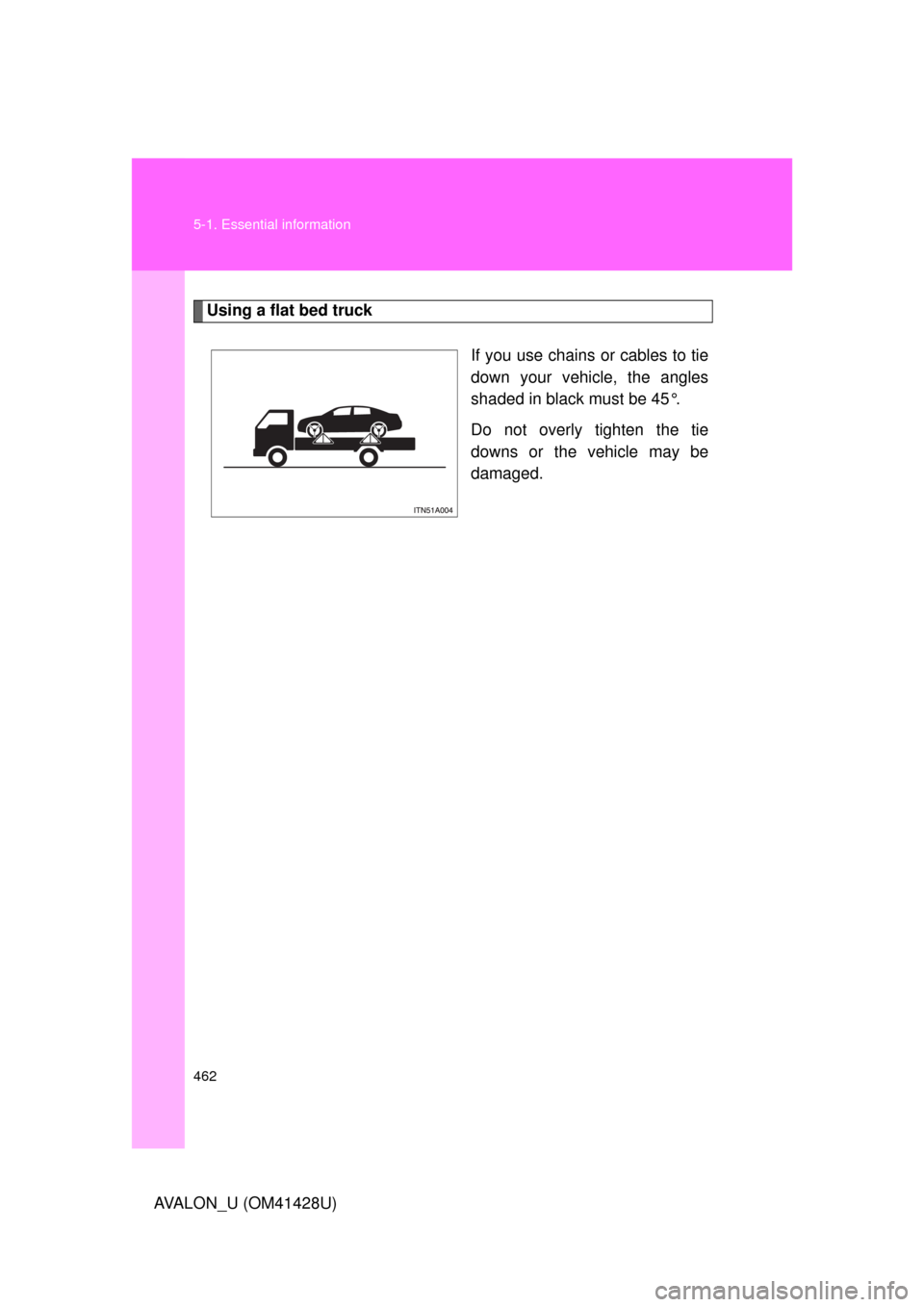 TOYOTA AVALON 2011 XX30 / 3.G Owners Manual 462 5-1. Essential information
AVALON_U (OM41428U)
Using a flat bed truck
If you use chains or cables to tie
down your vehicle, the angles
shaded in black must be 45°.
Do not overly tighten the tie
d