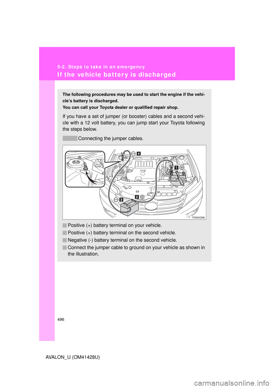 TOYOTA AVALON 2011 XX30 / 3.G Owners Manual 496
5-2. Steps to take in an emergency
AVALON_U (OM41428U)
If the vehicle batter y is discharged
The following procedures may be used to start the engine if the vehi-
cle’s battery is discharged.
Yo