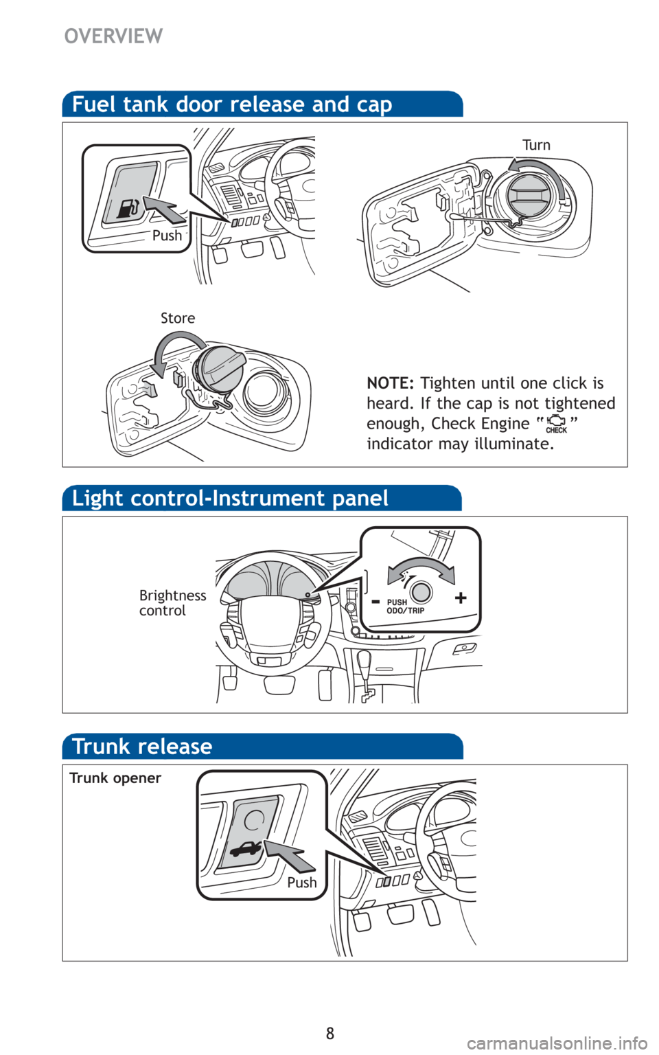 TOYOTA AVALON 2011 XX30 / 3.G Quick Reference Guide 8
Fuel tank door release and cap
NOTE:Tighten until one click is
heard. If the cap is not tightened
enough, Check Engine “ ”
indicator may illuminate.
PushTu r n
Store
Light control-Instrument pan