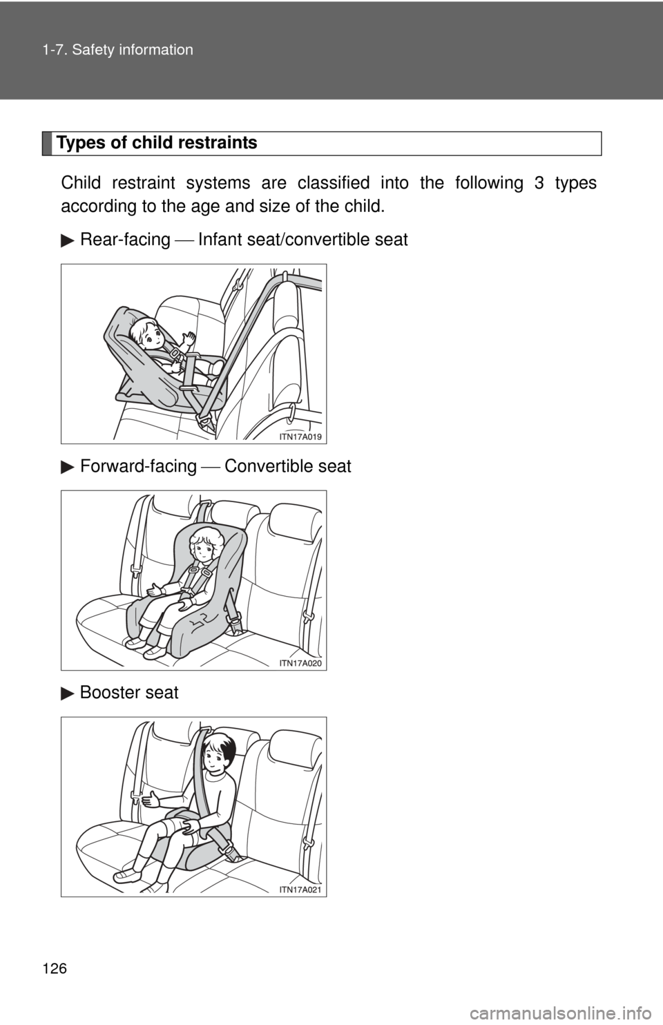TOYOTA AVALON 2012 XX40 / 4.G Owners Manual 126 1-7. Safety information
Types of child restraintsChild restraint systems are clas sified into the following 3 types
according to the age and size of the child.
Rear-facing Infant seat/conver TOYOTA AVALON 2012 XX40 / 4.G Owners Manual 126 1-7. Safety information
Types of child restraintsChild restraint systems are clas sified into the following 3 types
according to the age and size of the child.
Rear-facing Infant seat/conver