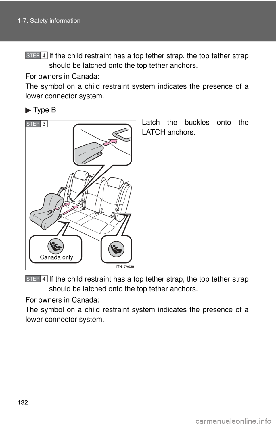 TOYOTA AVALON 2012 XX40 / 4.G Owners Manual 132 1-7. Safety information
If the child restraint has a top tether strap, the top tether strap
should be latched onto the top tether anchors.
For owners in Canada: 
The symbol on a child restraint sy