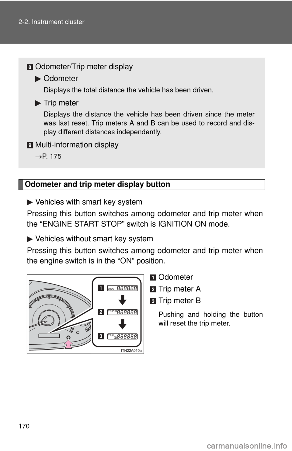 TOYOTA AVALON 2012 XX40 / 4.G Owners Manual 170 2-2. Instrument cluster
Odometer and trip meter display buttonVehicles with smart key system
Pressing this button switches am ong odometer and trip meter when
the “ENGINE START STOP” switch is