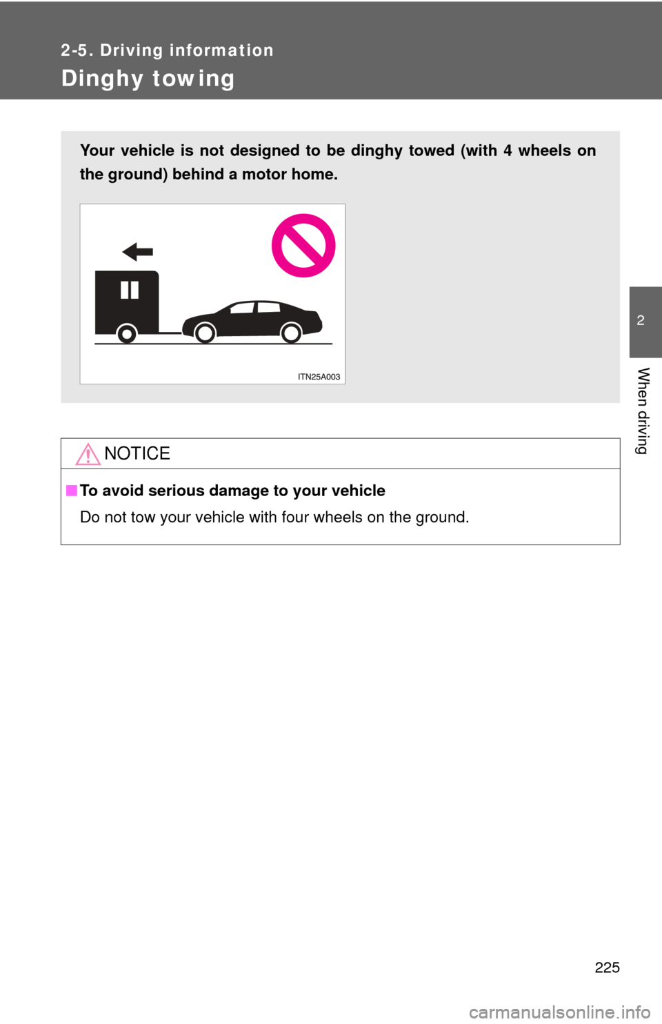 TOYOTA AVALON 2012 XX40 / 4.G Owners Manual 225
2-5. Driving information
2
When driving
Dinghy towing
NOTICE
■To avoid serious damage to your vehicle
Do not tow your vehicle with four wheels on the ground.
Your vehicle is not designed to be d