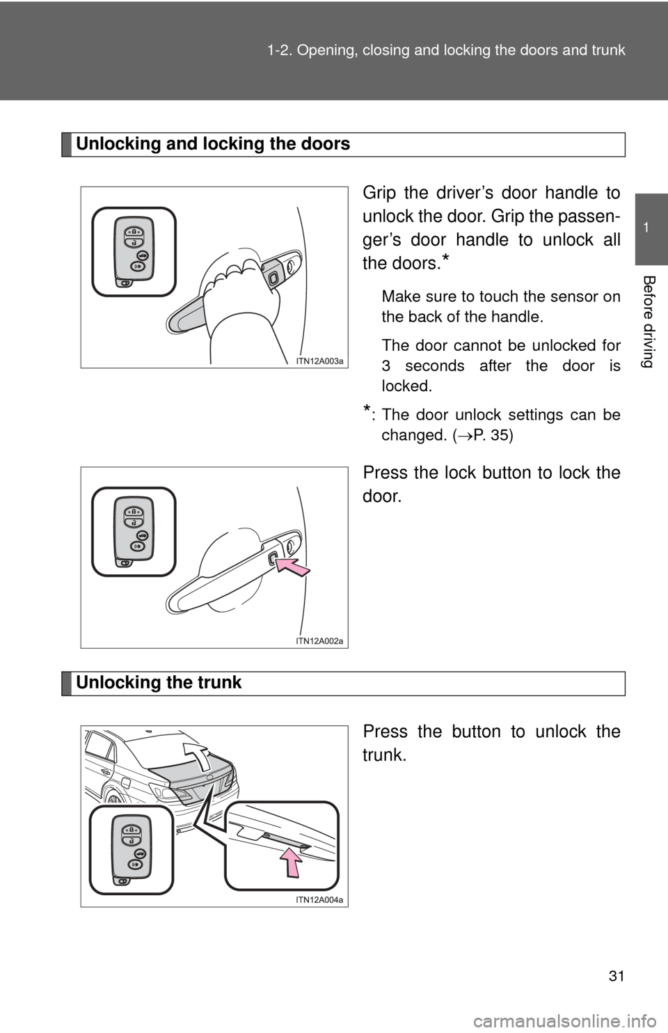 TOYOTA AVALON 2012 XX40 / 4.G Owners Guide 31
1-2. Opening, closing and locking the doors and trunk
1
Before driving
Unlocking and locking the doors
Grip the driver’s door handle to
unlock the door. Grip the passen-
ger’s door handle to un