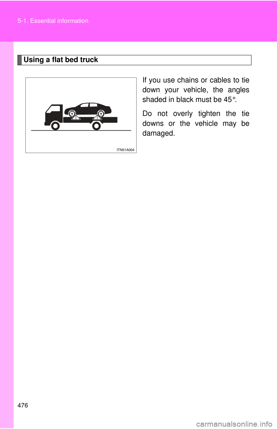 TOYOTA AVALON 2012 XX40 / 4.G Owners Manual 476 5-1. Essential information
Using a flat bed truckIf you use chains or cables to tie
down your vehicle, the angles
shaded in black must be 45°.
Do not overly tighten the tie
downs or the vehicle m