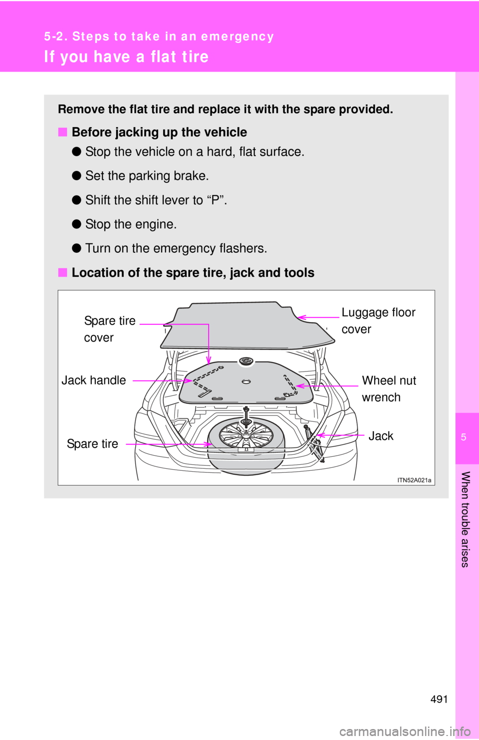 TOYOTA AVALON 2012 XX40 / 4.G Owners Manual 5
When trouble arises
491
5-2. Steps to take in an emergency
If you have a flat tire
Remove the flat tire and replace it with the spare provided.
■Before jacking up the vehicle
●Stop the vehicle o