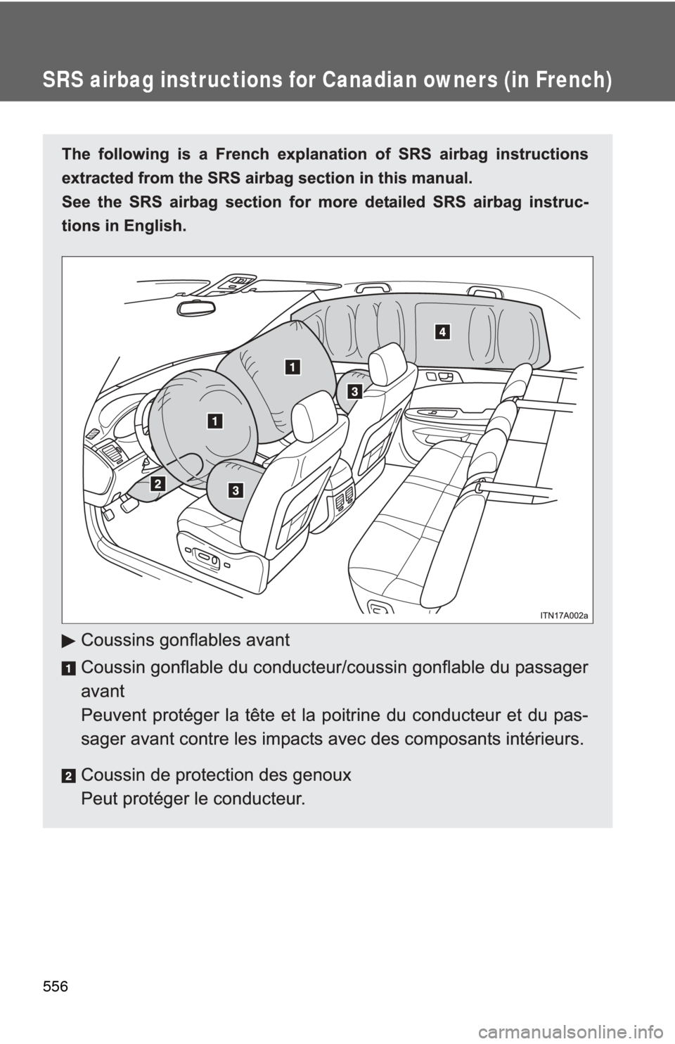 TOYOTA AVALON 2012 XX40 / 4.G Owners Manual 556
SRS airbag instructions for Canadian owners (in French) 