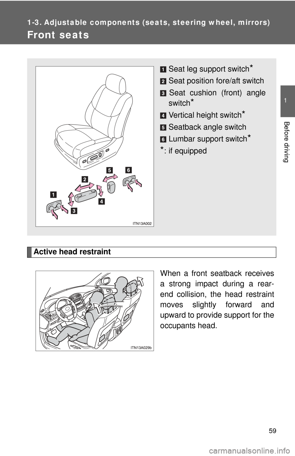 TOYOTA AVALON 2012 XX40 / 4.G Workshop Manual 59
1
Before driving
1-3. Adjustable components (seats, steering wheel, mirrors)
Front seats
Active head restraint
When a front seatback receives
a strong impact during a rear-
end collision, the head 