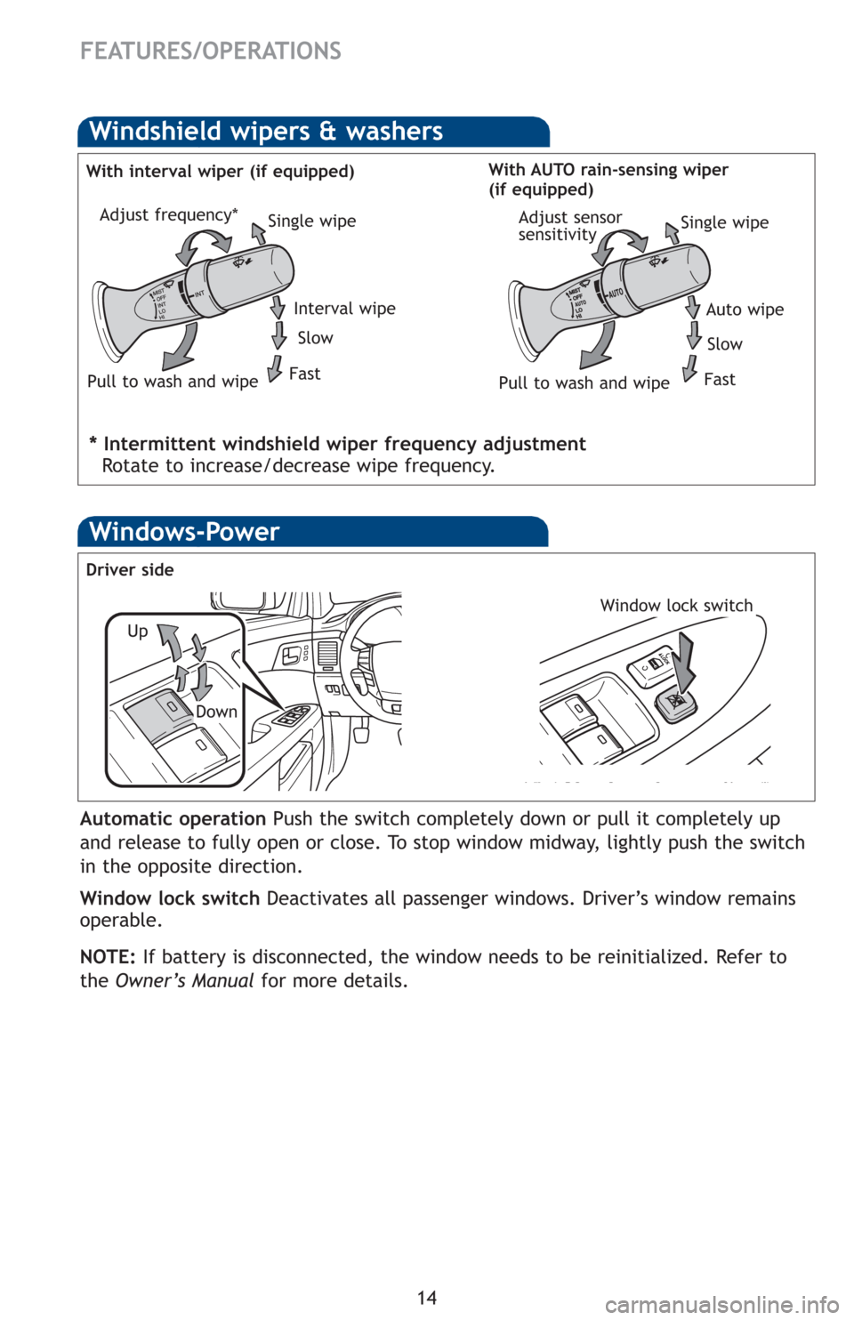 TOYOTA AVALON 2012 XX40 / 4.G Quick Reference Guide 14
FEATURES/OPERATIONS
Windows-Power
Window lock switch
Automatic operation Push the switch completely down or pull it completely up
and release to fully open or close. To stop window midway, lightly 