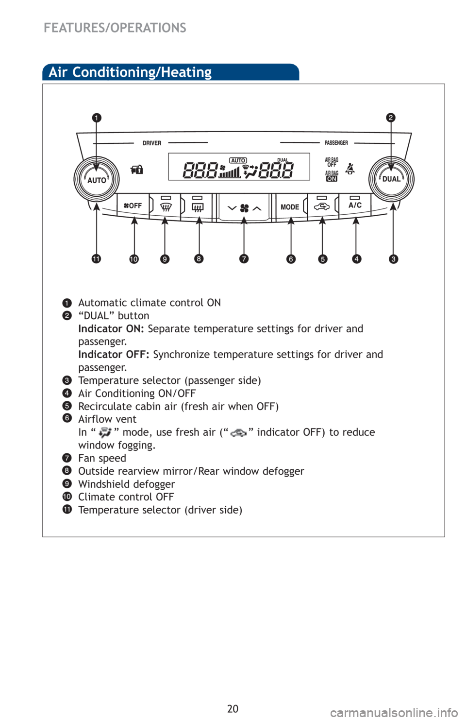 TOYOTA AVALON 2012 XX40 / 4.G Quick Reference Guide 20
FEATURES/OPERATIONS
Air Conditioning/Heating
Automatic climate control ON
“DUAL” button
Indicator ON:Separate temperature settings for driver and
passenger.
Indicator OFF: Synchronize temperatu