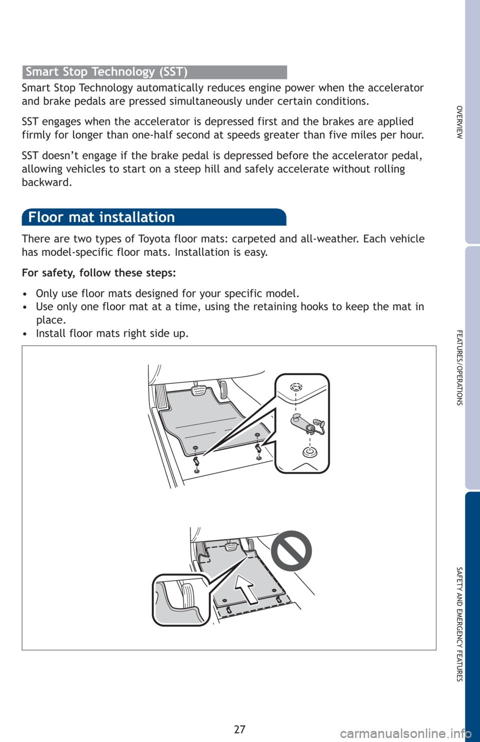 TOYOTA AVALON 2012 XX40 / 4.G Quick Reference Guide OVERVIEW
FEATURES/OPERATIONS
SAFETY AND EMERGENCY FEATURES
27
There are two types of Toyota floor mats: carpeted and all-weather. Each vehicle
has model-specific floor mats. Installation is easy.
For TOYOTA AVALON 2012 XX40 / 4.G Quick Reference Guide OVERVIEW
FEATURES/OPERATIONS
SAFETY AND EMERGENCY FEATURES
27
There are two types of Toyota floor mats: carpeted and all-weather. Each vehicle
has model-specific floor mats. Installation is easy.
For