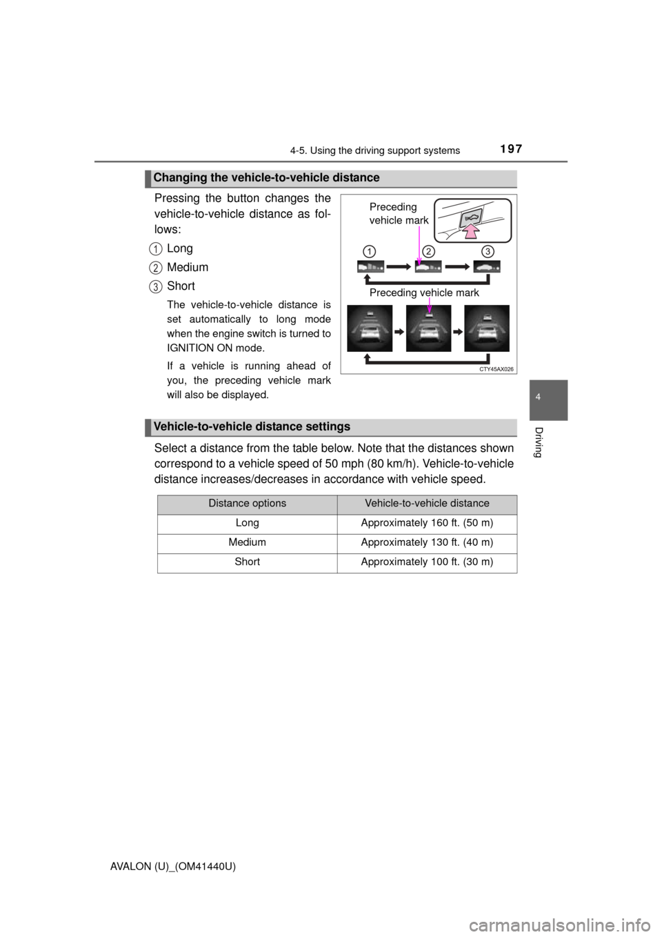 TOYOTA AVALON 2013 XX40 / 4.G Owners Manual 1974-5. Using the driving support systems
4
Driving
AVALON (U)_(OM41440U)
Pressing the button changes the
vehicle-to-vehicle distance as fol-
lows:Long
Medium
Short
The vehicle-to-vehicle distance is
TOYOTA AVALON 2013 XX40 / 4.G Owners Manual 1974-5. Using the driving support systems
4
Driving
AVALON (U)_(OM41440U)
Pressing the button changes the
vehicle-to-vehicle distance as fol-
lows:Long
Medium
Short
The vehicle-to-vehicle distance is