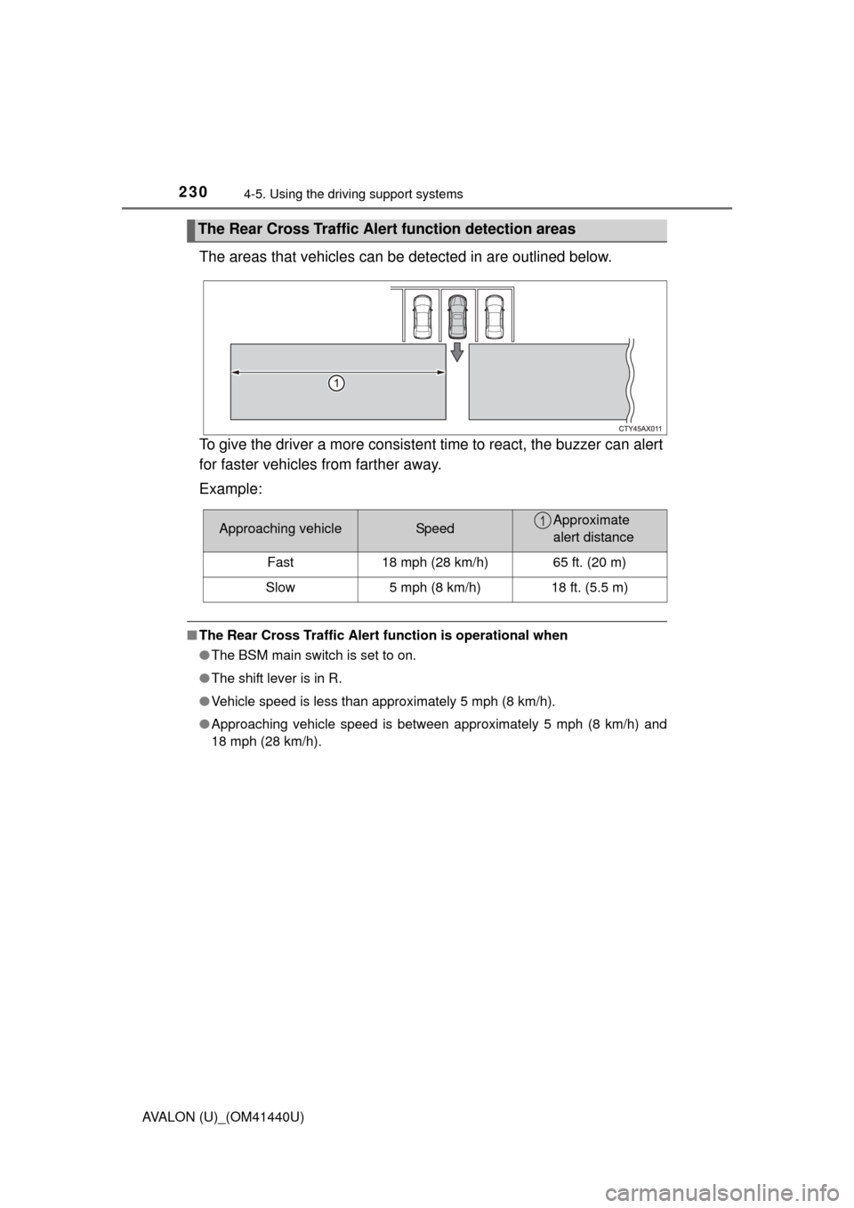 TOYOTA AVALON 2013 XX40 / 4.G Owners Manual 2304-5. Using the driving support systems
AVALON (U)_(OM41440U)
The areas that vehicles can be  detected in are outlined below.
To give the driver a more consistent time to react, the buzzer can alert