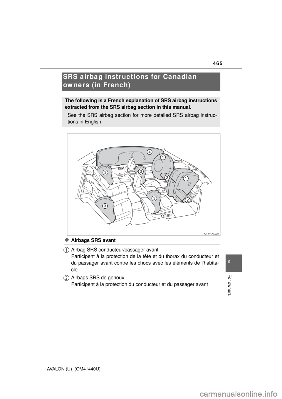 TOYOTA AVALON 2013 XX40 / 4.G Owners Manual 465
9
For owners
AVALON (U)_(OM41440U)
◆Airbags SRS avant
Airbag SRS conducteur/passager avant
Participent à la protection de la tête et du thorax du conducteur et
du passager avant contre les cho TOYOTA AVALON 2013 XX40 / 4.G Owners Manual 465
9
For owners
AVALON (U)_(OM41440U)
◆Airbags SRS avant
Airbag SRS conducteur/passager avant
Participent à la protection de la tête et du thorax du conducteur et
du passager avant contre les cho