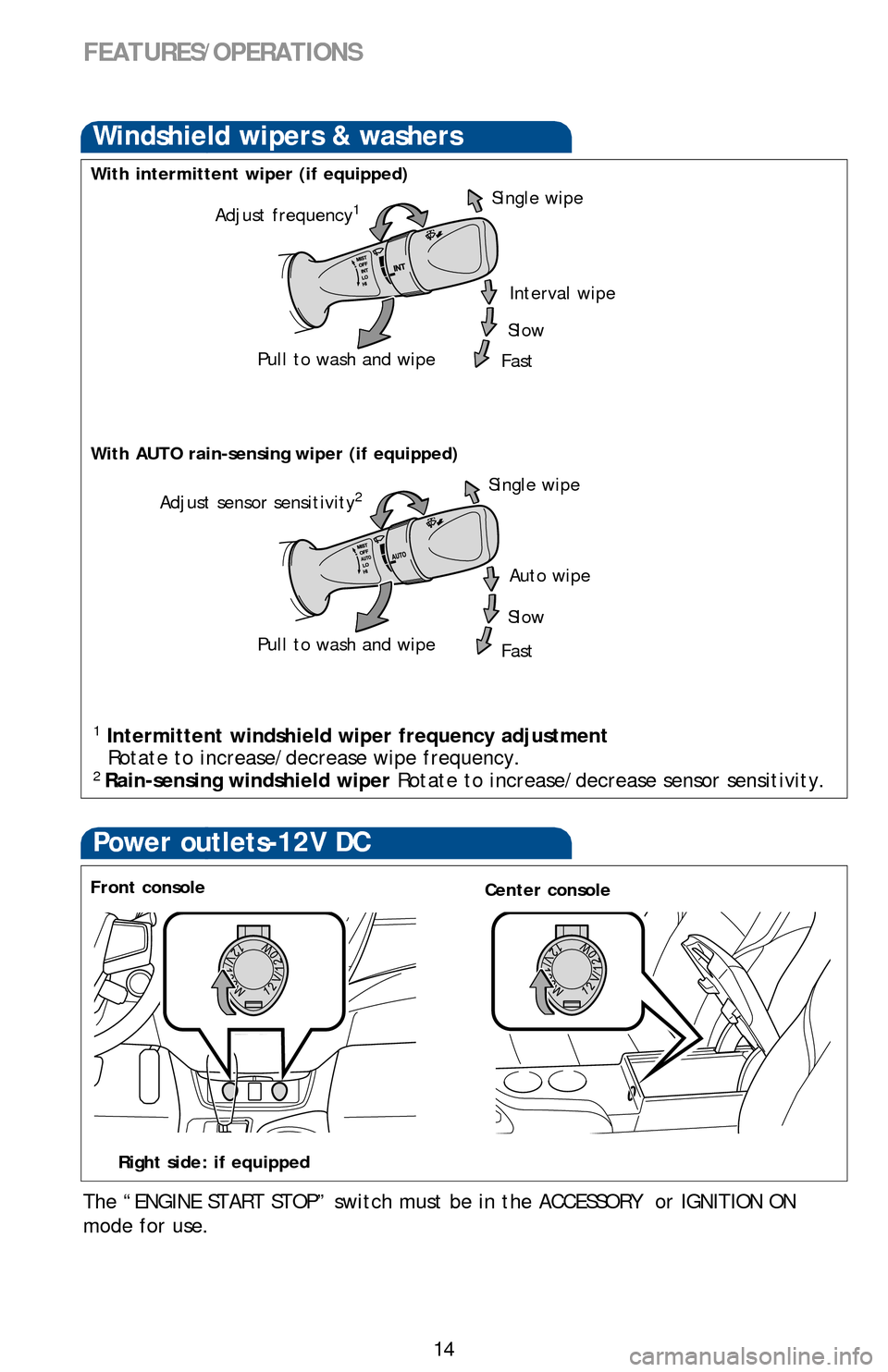 TOYOTA AVALON 2013 XX40 / 4.G Quick Reference Guide 14
Power outlets-12V DC
Front console
The “ENGINE START STOP” switch must be in the ACCESSORY or IGNITION ON
mode for use.
Center console
Lights & turn signals
Turn signals
Headlights
Front fog TOYOTA AVALON 2013 XX40 / 4.G Quick Reference Guide 14
Power outlets-12V DC
Front console
The “ENGINE START STOP” switch must be in the ACCESSORY or IGNITION ON
mode for use.
Center console
Lights & turn signals
Turn signals
Headlights
Front fog