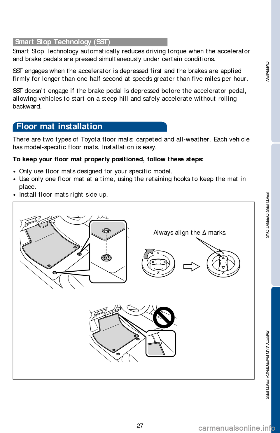 TOYOTA AVALON 2013 XX40 / 4.G Quick Reference Guide OVERVIEW
FEATURES/OPERATIONS
SAFETY AND EMERGENCY FEATURES
27
VSC helps prevent loss of traction during cornering by reducing engine power and
applying brake force to selected wheels.
Toyota’s VSC TOYOTA AVALON 2013 XX40 / 4.G Quick Reference Guide OVERVIEW
FEATURES/OPERATIONS
SAFETY AND EMERGENCY FEATURES
27
VSC helps prevent loss of traction during cornering by reducing engine power and
applying brake force to selected wheels.
Toyota’s VSC