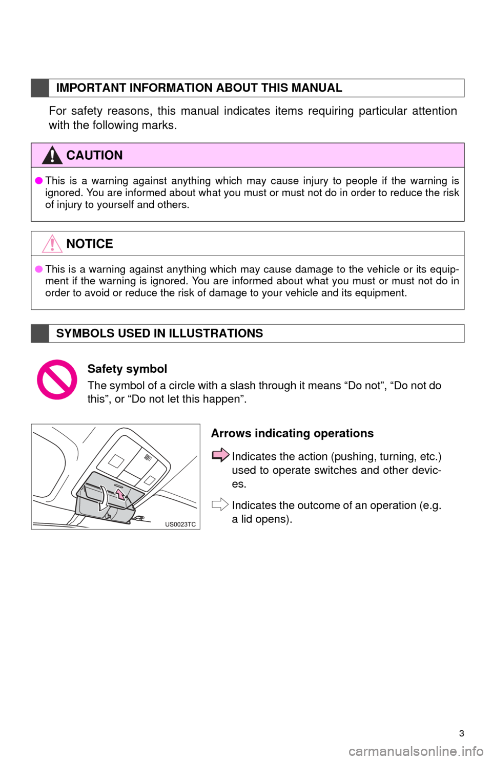 TOYOTA AVALON 2014 XX40 / 4.G Navigation Manual 3
For safety reasons, this manual indicates items requiring particular attention
with the following marks.
IMPORTANT INFORMATION ABOUT THIS MANUAL
CAUTION
●This is a warning against anything which m