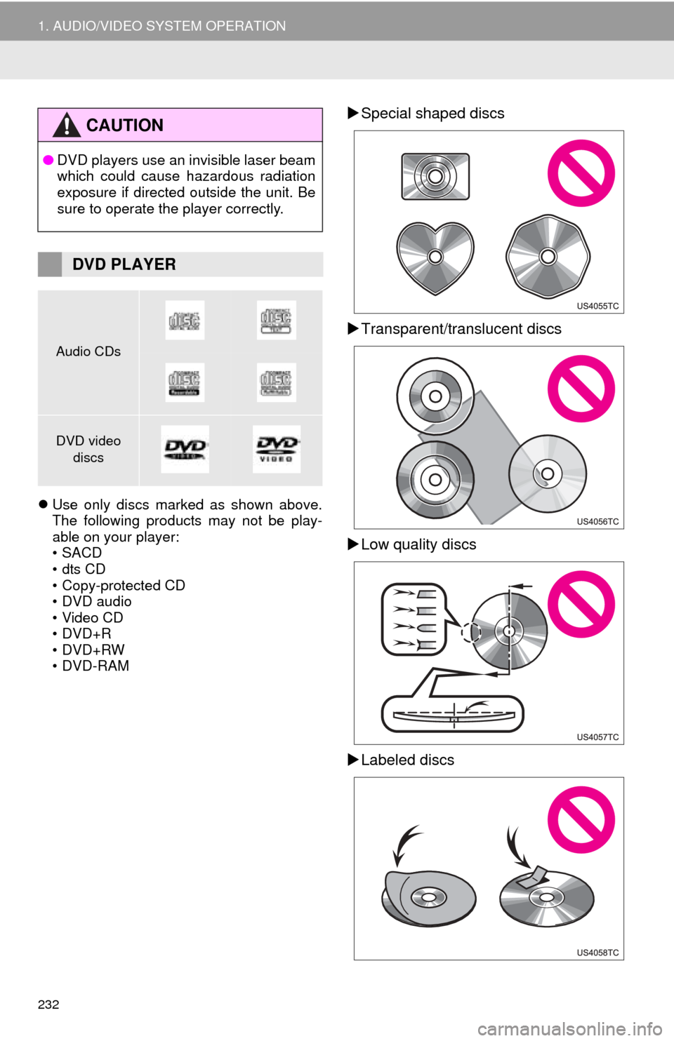 TOYOTA AVALON 2014 XX40 / 4.G Navigation Manual 232
1. AUDIO/VIDEO SYSTEM OPERATION
Use only discs marked as shown above.
The following products may not be play-
able on your player:
•SACD
•dts CD
• Copy-protected CD
• DVD audio
• Vide TOYOTA AVALON 2014 XX40 / 4.G Navigation Manual 232
1. AUDIO/VIDEO SYSTEM OPERATION
Use only discs marked as shown above.
The following products may not be play-
able on your player:
•SACD
•dts CD
• Copy-protected CD
• DVD audio
• Vide