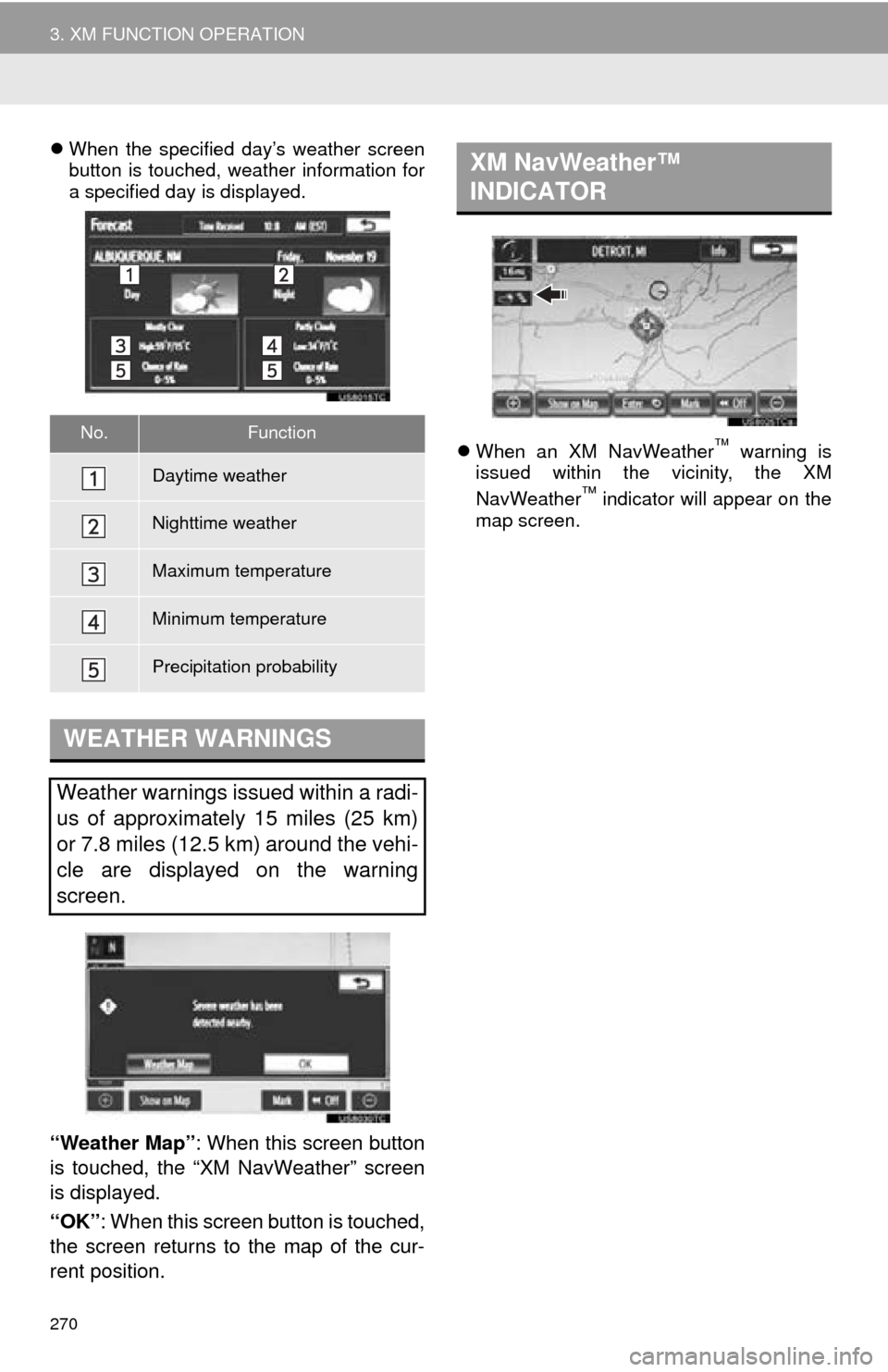 TOYOTA AVALON 2014 XX40 / 4.G Navigation Manual 270
3. XM FUNCTION OPERATION
When the specified day’s weather screen
button is touched, weather information for
a specified day is displayed.
“Weather Map” : When this screen button
is touche TOYOTA AVALON 2014 XX40 / 4.G Navigation Manual 270
3. XM FUNCTION OPERATION
When the specified day’s weather screen
button is touched, weather information for
a specified day is displayed.
“Weather Map” : When this screen button
is touche