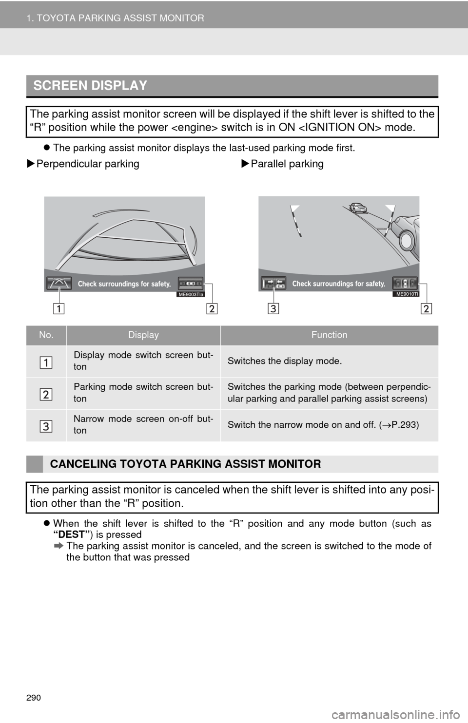 TOYOTA AVALON 2014 XX40 / 4.G Navigation Manual 290
1. TOYOTA PARKING ASSIST MONITOR
The parking assist monitor displays the last-used parking mode first.
Perpendicular parking Parallel parking
When the shift lever is shifted to the TOYOTA AVALON 2014 XX40 / 4.G Navigation Manual 290
1. TOYOTA PARKING ASSIST MONITOR
The parking assist monitor displays the last-used parking mode first.
Perpendicular parking Parallel parking
When the shift lever is shifted to the