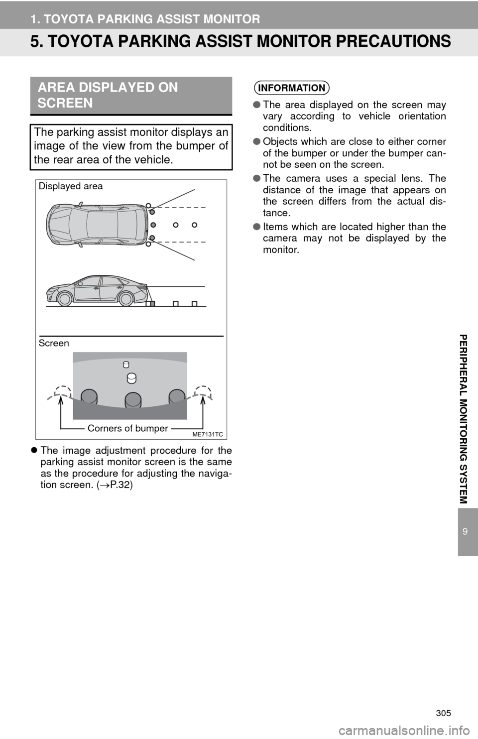 TOYOTA AVALON 2014 XX40 / 4.G Navigation Manual 305
1. TOYOTA PARKING ASSIST MONITOR
9
PERIPHERAL MONITORING SYSTEM
5. TOYOTA PARKING ASSIST MONITOR PRECAUTIONS
The image adjustment procedure for the
parking assist monitor screen is the same
as TOYOTA AVALON 2014 XX40 / 4.G Navigation Manual 305
1. TOYOTA PARKING ASSIST MONITOR
9
PERIPHERAL MONITORING SYSTEM
5. TOYOTA PARKING ASSIST MONITOR PRECAUTIONS
The image adjustment procedure for the
parking assist monitor screen is the same
as