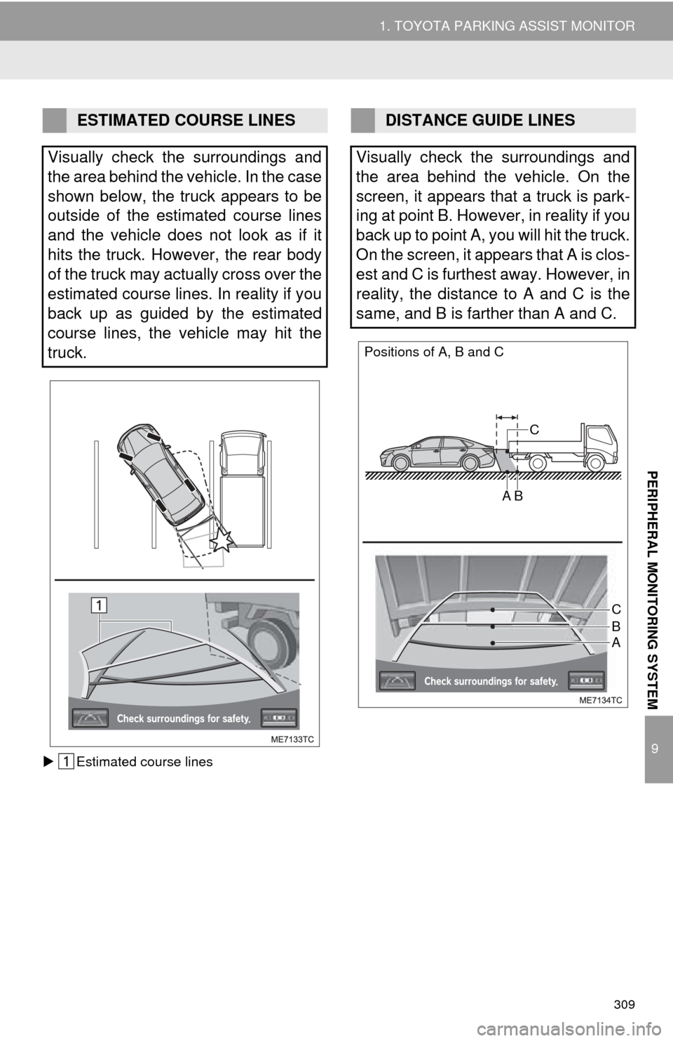 TOYOTA AVALON 2014 XX40 / 4.G Navigation Manual 309
1. TOYOTA PARKING ASSIST MONITOR
9
PERIPHERAL MONITORING SYSTEM
Estimated course lines
ESTIMATED COURSE LINES
Visually check the surroundings and
the area behind the vehicle. In the case
shown TOYOTA AVALON 2014 XX40 / 4.G Navigation Manual 309
1. TOYOTA PARKING ASSIST MONITOR
9
PERIPHERAL MONITORING SYSTEM
Estimated course lines
ESTIMATED COURSE LINES
Visually check the surroundings and
the area behind the vehicle. In the case
shown