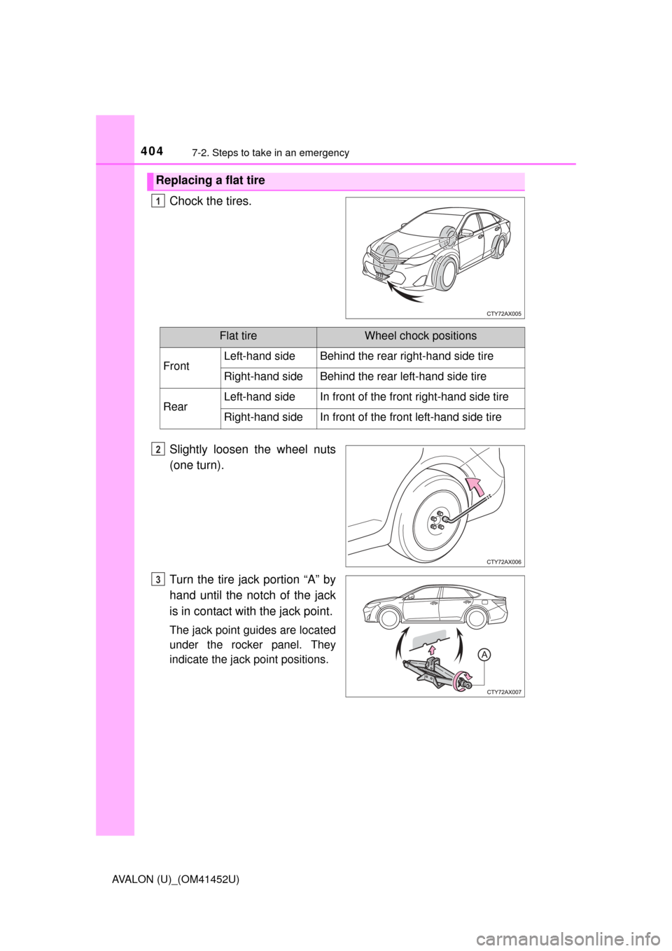 TOYOTA AVALON 2014 XX40 / 4.G Owners Manual 4047-2. Steps to take in an emergency
AVALON (U)_(OM41452U)
Chock the tires.
Slightly loosen the wheel nuts
(one turn).
Turn the tire jack portion “A” by
hand until the notch of the jack
is in con