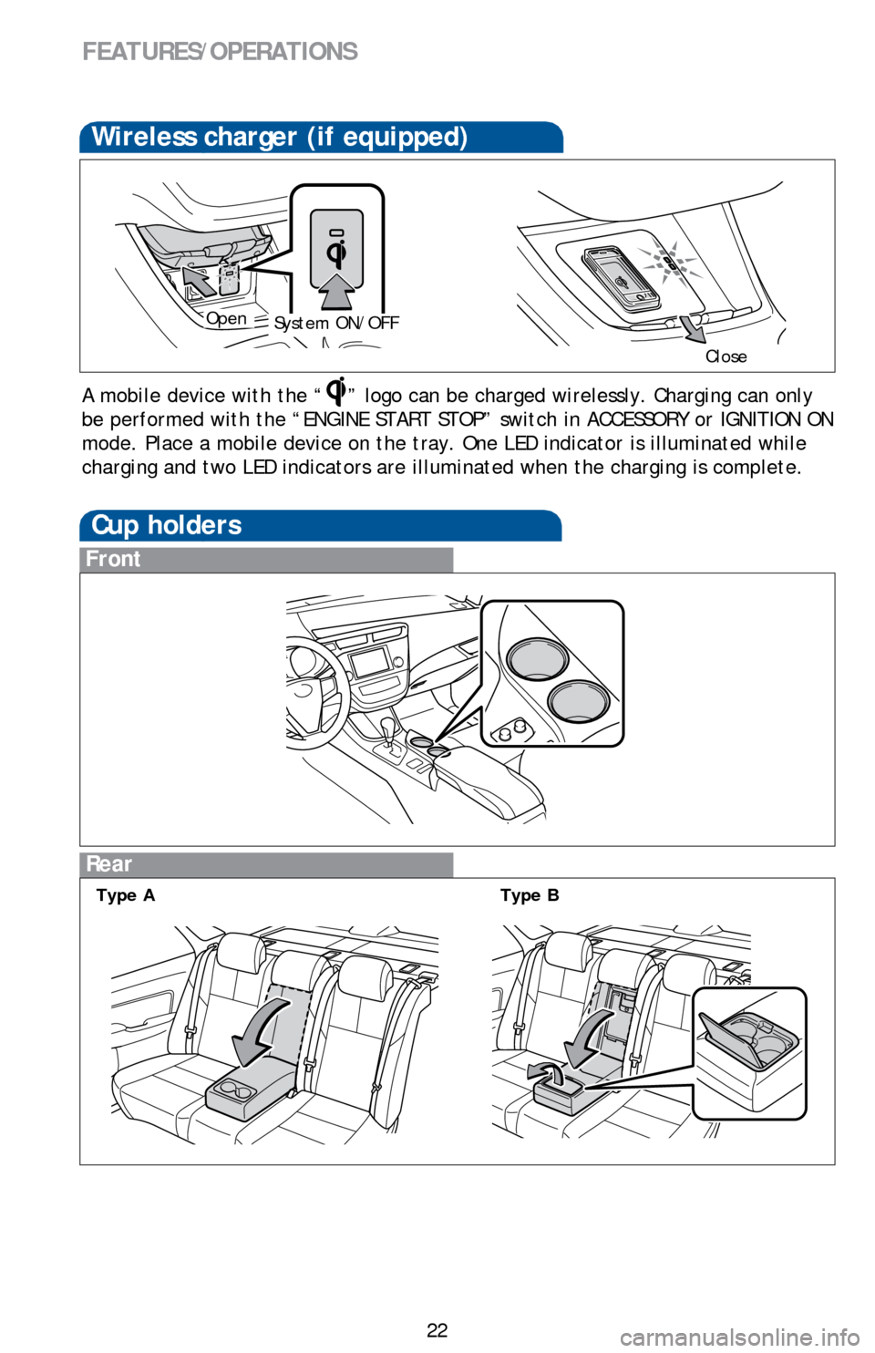 TOYOTA AVALON 2014 XX40 / 4.G Quick Reference Guide 22
Rear
FEATURES/OPERATIONS
Cup holders
Front
Type AType B
Wireless charger (if equipped)
A mobile device with the “” logo can be charged wirelessly. Charging can only
be performed with the “EN TOYOTA AVALON 2014 XX40 / 4.G Quick Reference Guide 22
Rear
FEATURES/OPERATIONS
Cup holders
Front
Type AType B
Wireless charger (if equipped)
A mobile device with the “” logo can be charged wirelessly. Charging can only
be performed with the “EN