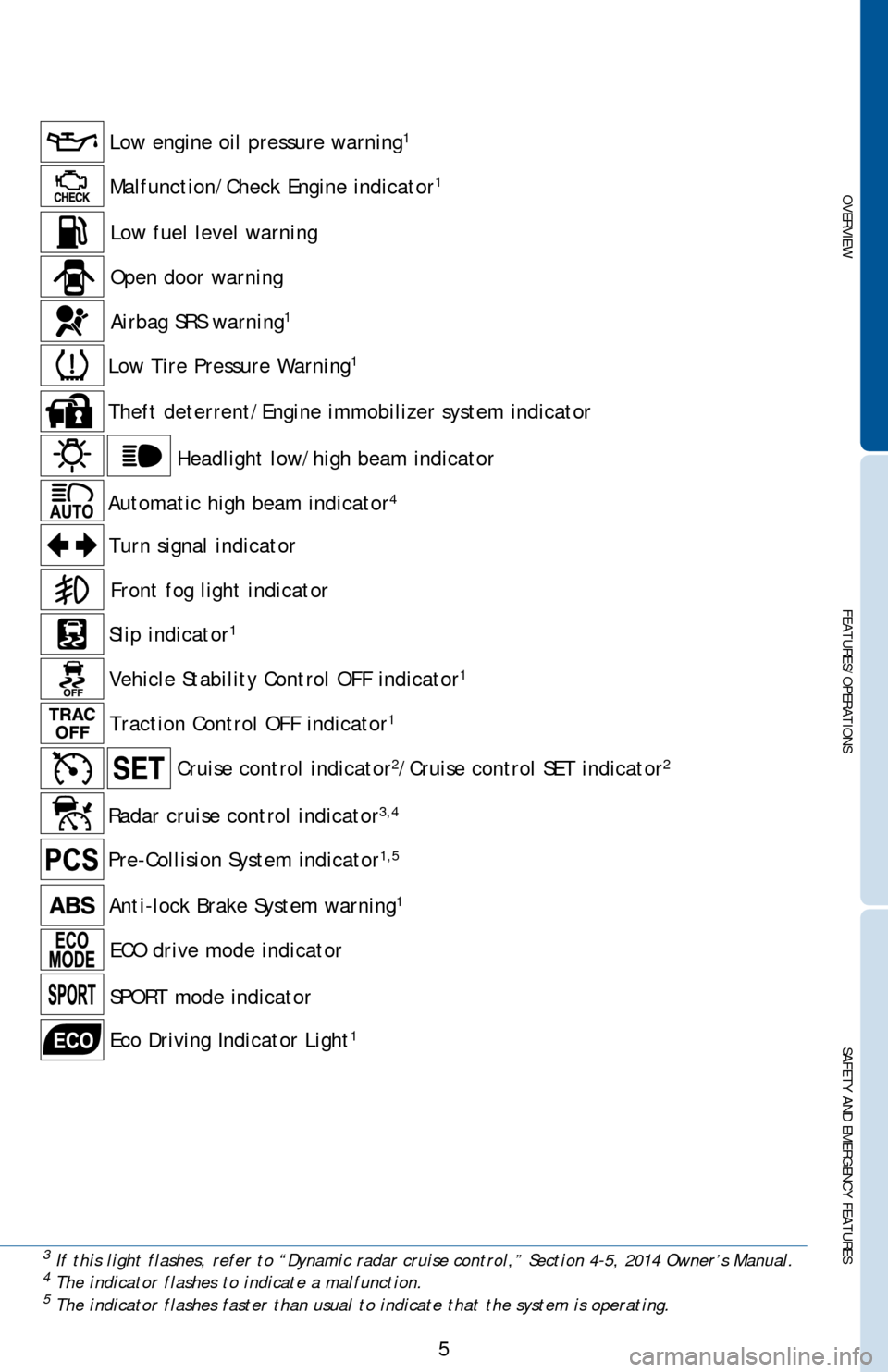 TOYOTA AVALON 2014 XX40 / 4.G Quick Reference Guide OVERVIEW
FEATURES/OPERATIONS
SAFETY AND EMERGENCY FEATURES
5
3 If this light flashes, refer to “Dynamic radar cruise control,” Section 4-5, 2014 Owner’s Manual.4 The indicator flashes to indicat